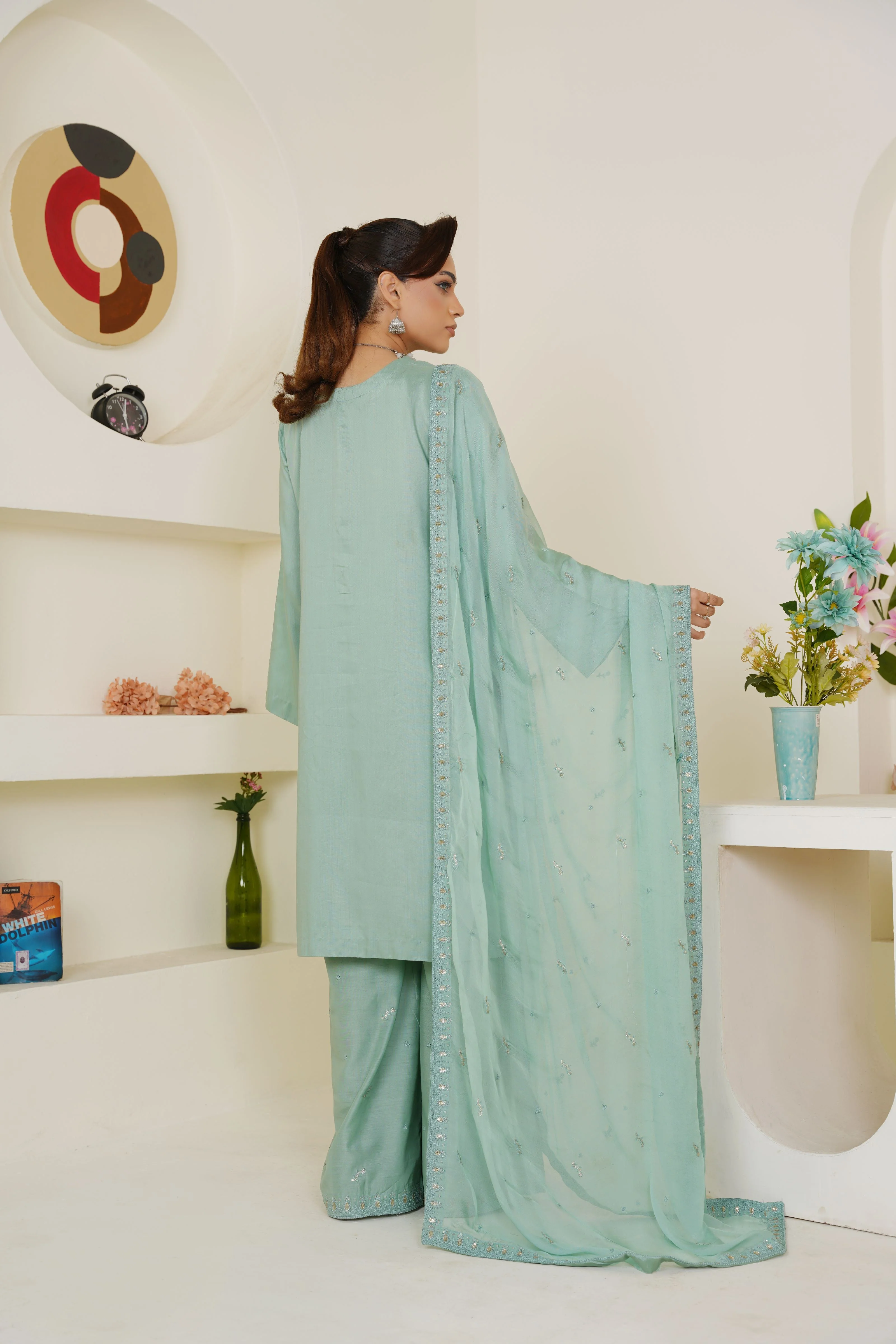 Threads & Weaves Pastel Sea Green Solid 3-Piece Ready-to-Wear Suit with Embroidered Dupatta & Trouser - Image 3