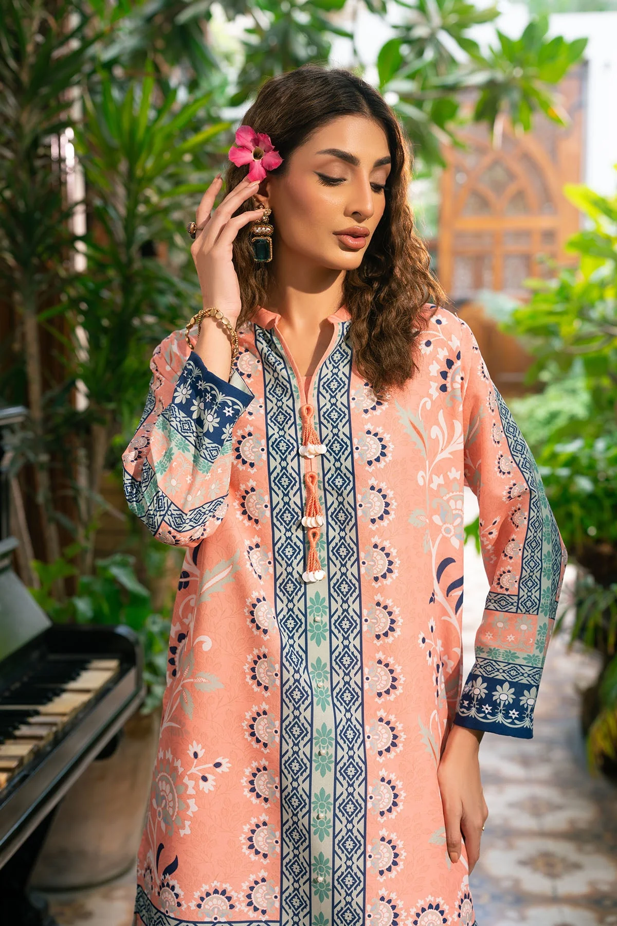 Nairah Stitched Co Ords Summer Suit-Peach Melon - Image 2