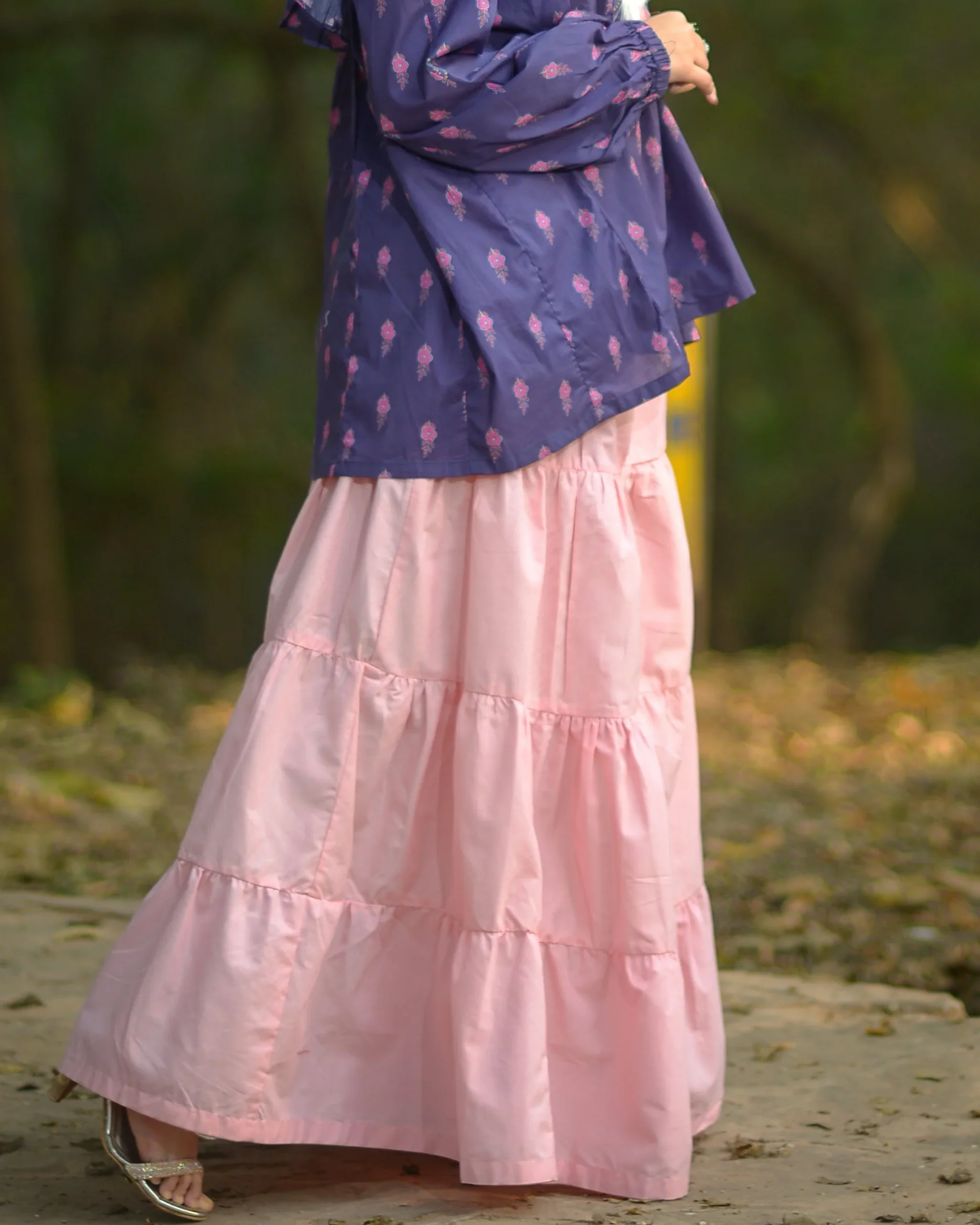 Urban Cut Pink Cotton Maxi Skirt Elegant Tiered Long Skirt - Image 2
