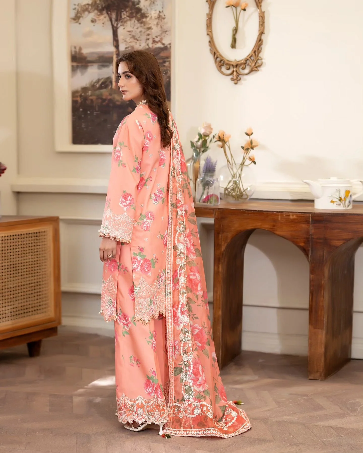Summer Scent By Nine Needles Stitched 3 Piece Summer Suit-Pink Peony-NP-05 - Image 5