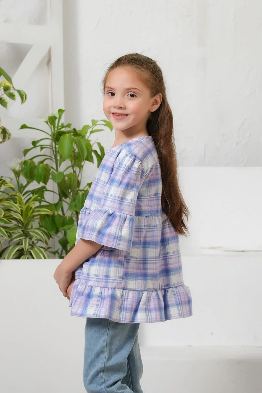 Sprinkles Stitched 1 Piece Summer Shirts Kids Suit-Plaid Print Puff Sleeve Shirt - Purple - Image 4