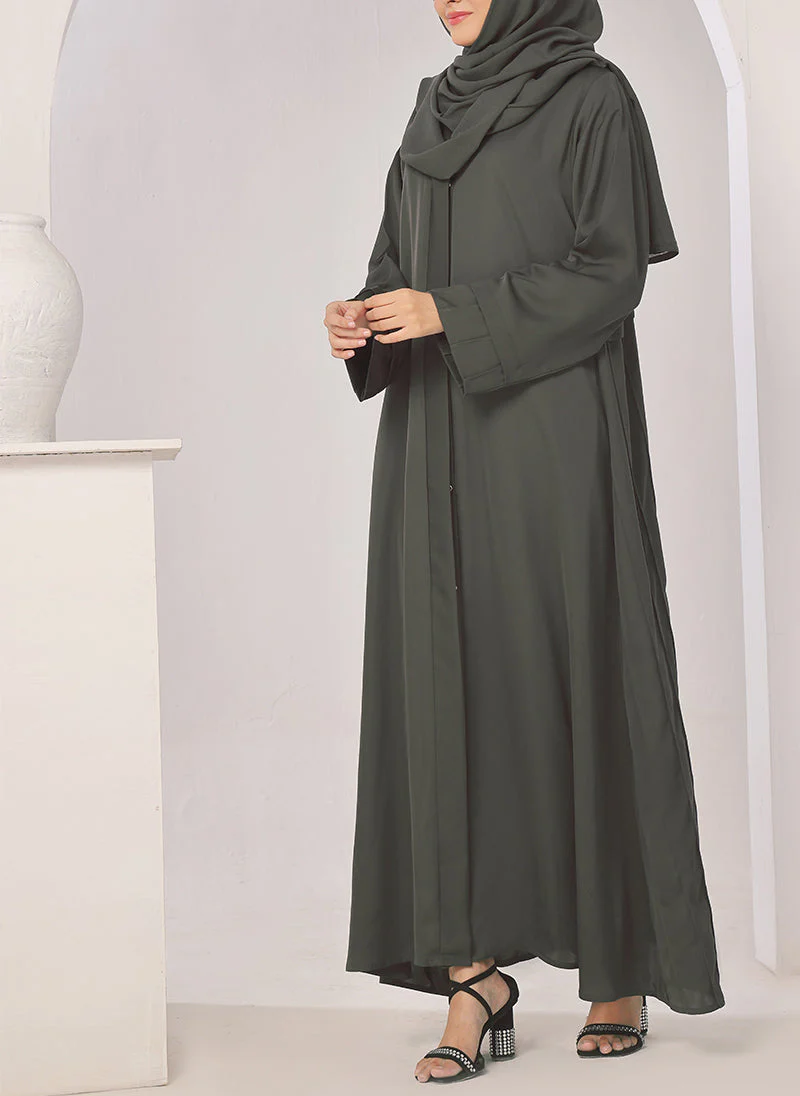 Hijab Ul Hareem Plates Front Open Grey Abaya - 0116-R-722 - Image 3