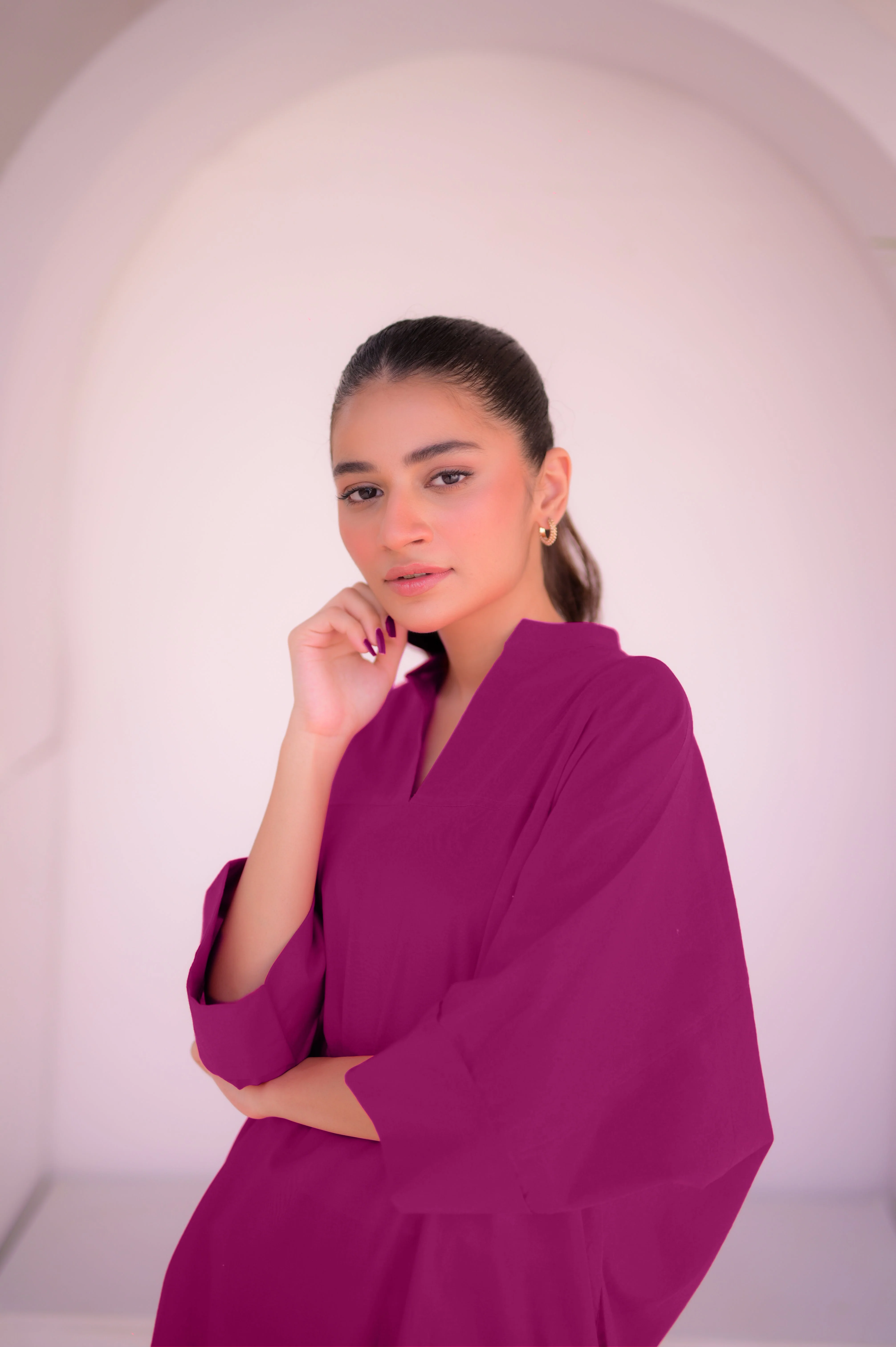 Tehzeeb Threads Solids Collection-Plum Boxy Solid Set | Stitched - 2 piece | Shirt & Trouser - Image 4