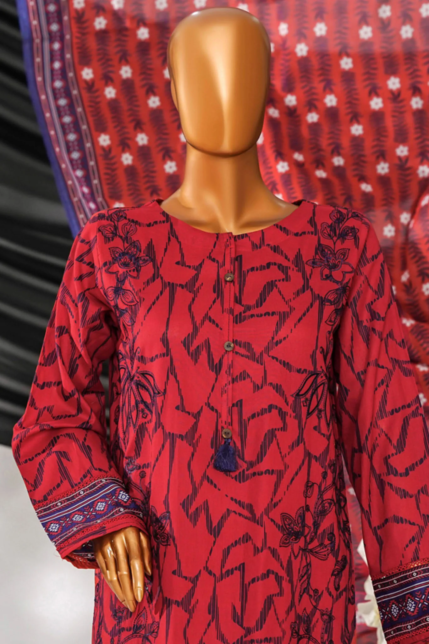 Intermix Thread & Needle By HZ Stitched 3 Piece Emb Cambric Suit-POEL-3P-007-Red - Image 2