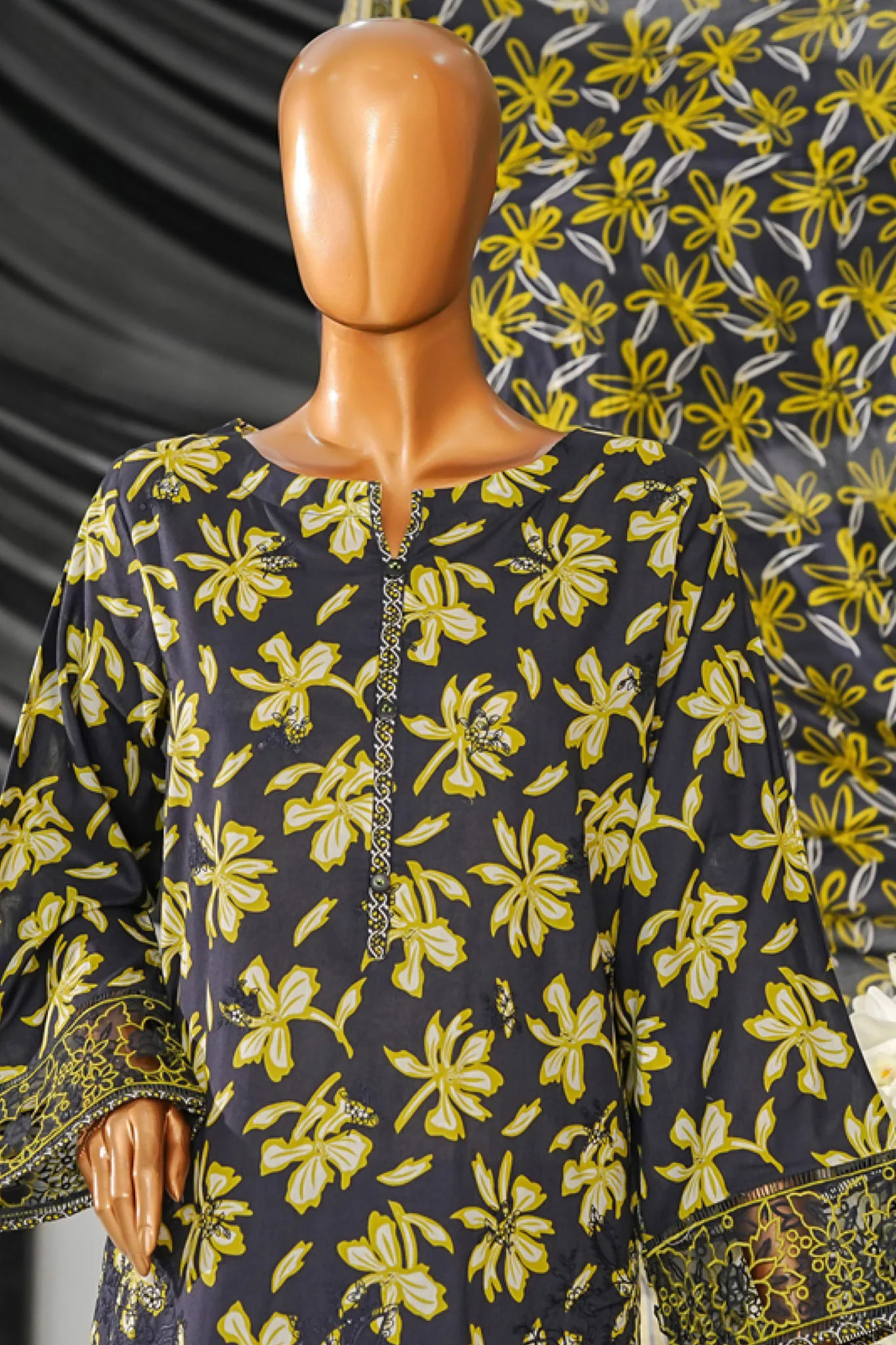 Intermix Thread & Needle By HZ Stitched 3 Piece Emb Cambric Suit-POEL-3P-009-Navy Blue - Image 2