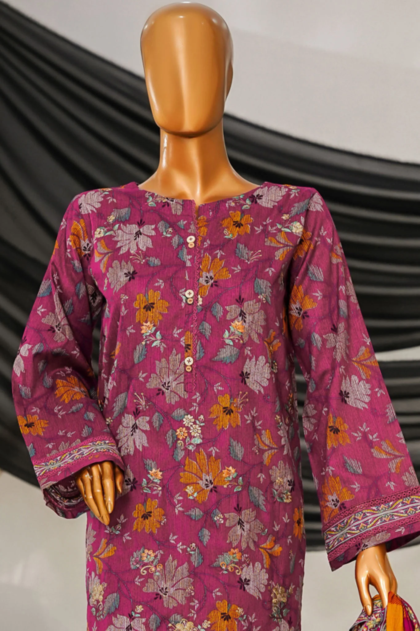 Intermix Thread & Needle By HZ Stitched 3 Piece Emb Cambric Suit-POEL-3P-011-Magenta - Image 2