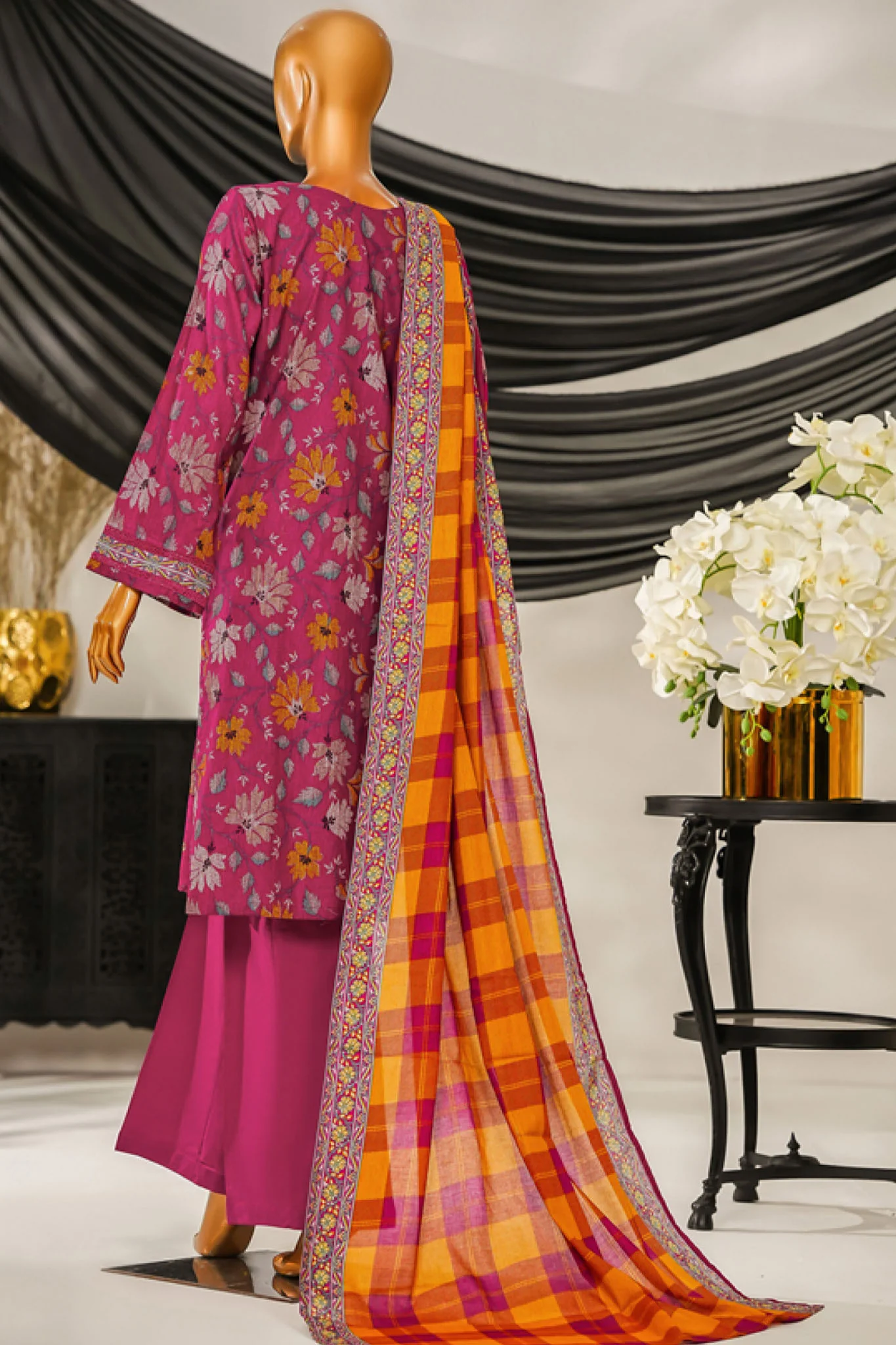 Intermix Thread & Needle By HZ Stitched 3 Piece Emb Cambric Suit-POEL-3P-011-Magenta - Image 3