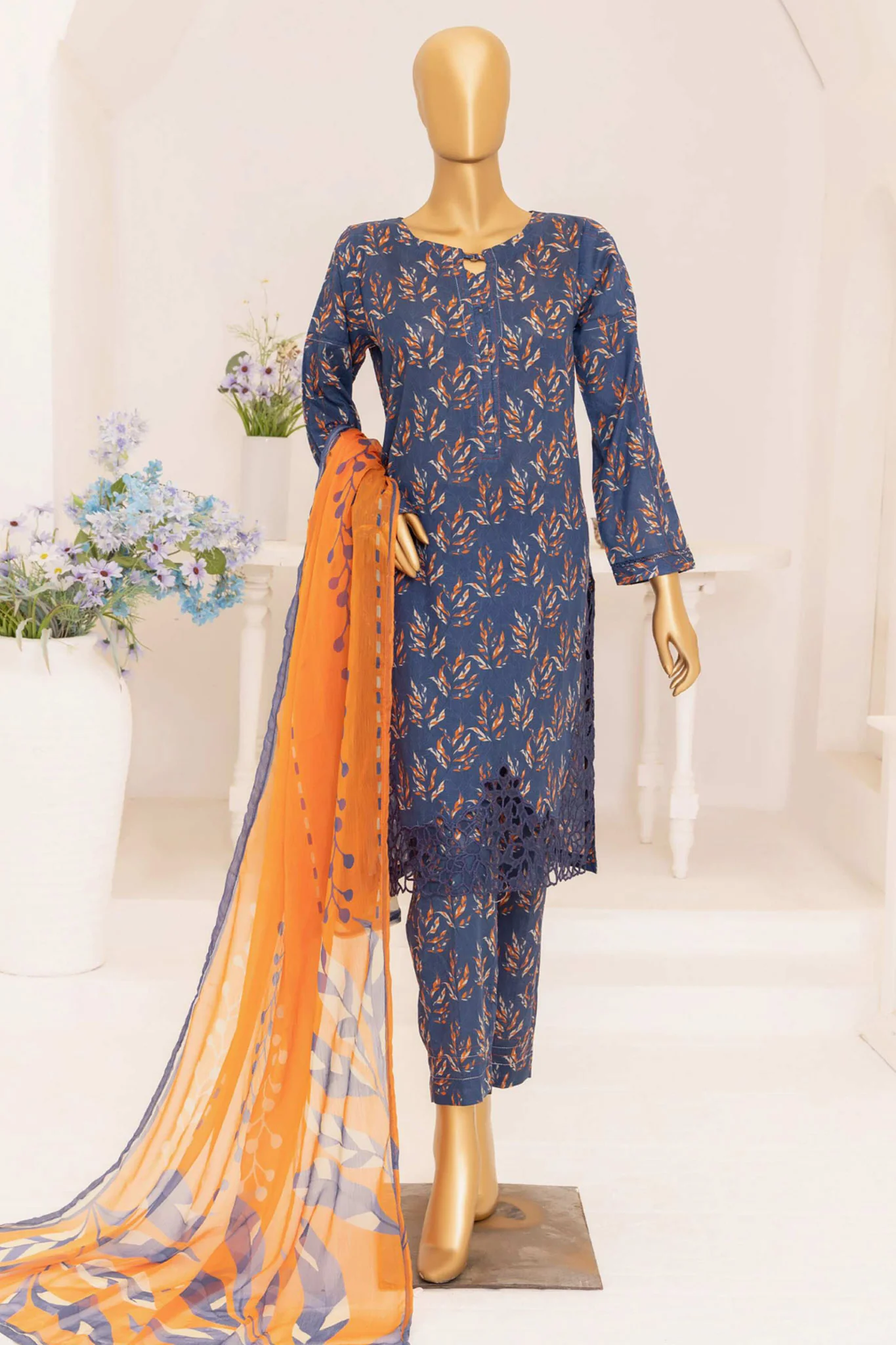 Print & Needle By HZ Stitched 3 Piece Cutwork Printed Lawn Suit-ECL-408-Navy Blue