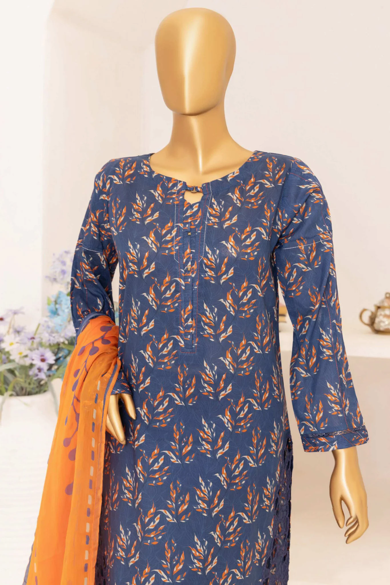 Print & Needle By HZ Stitched 3 Piece Cutwork Printed Lawn Suit-ECL-408-Navy Blue - Image 2