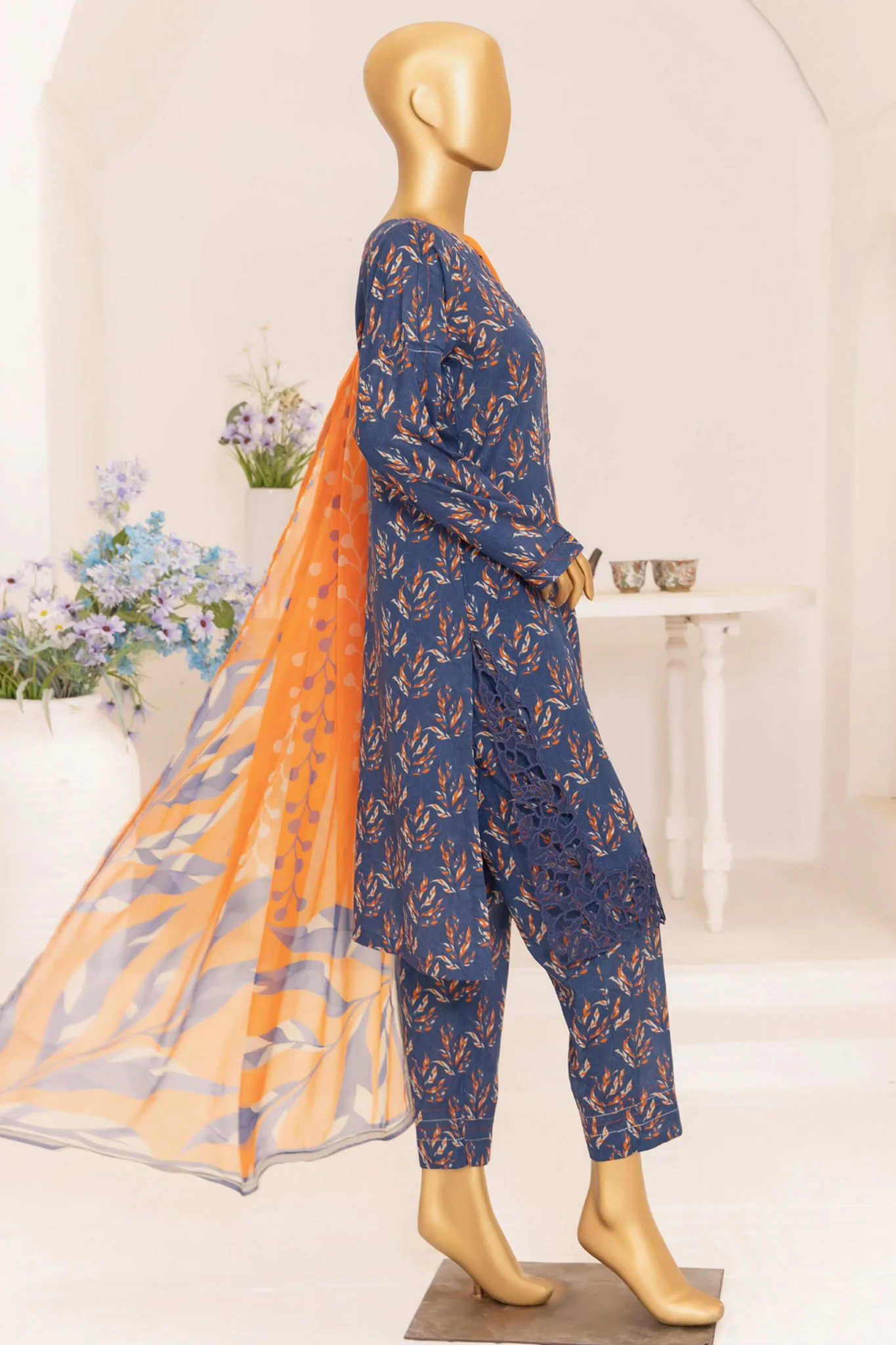 Print & Needle By HZ Stitched 3 Piece Cutwork Printed Lawn Suit-ECL-408-Navy Blue - Image 3