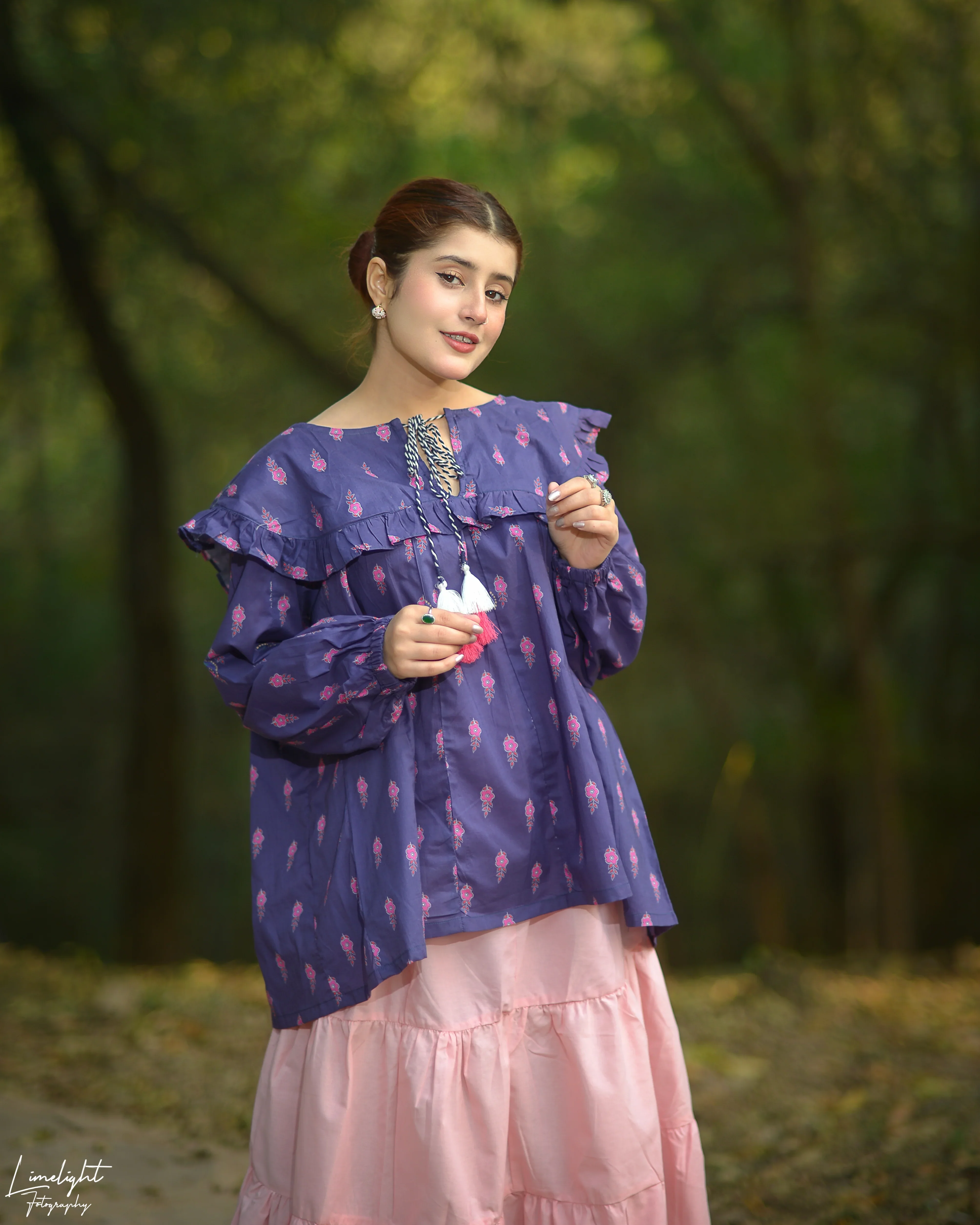 Urban Cut Printed Cotton Ruffle Peplum Top with Tassel Detail - Image 3