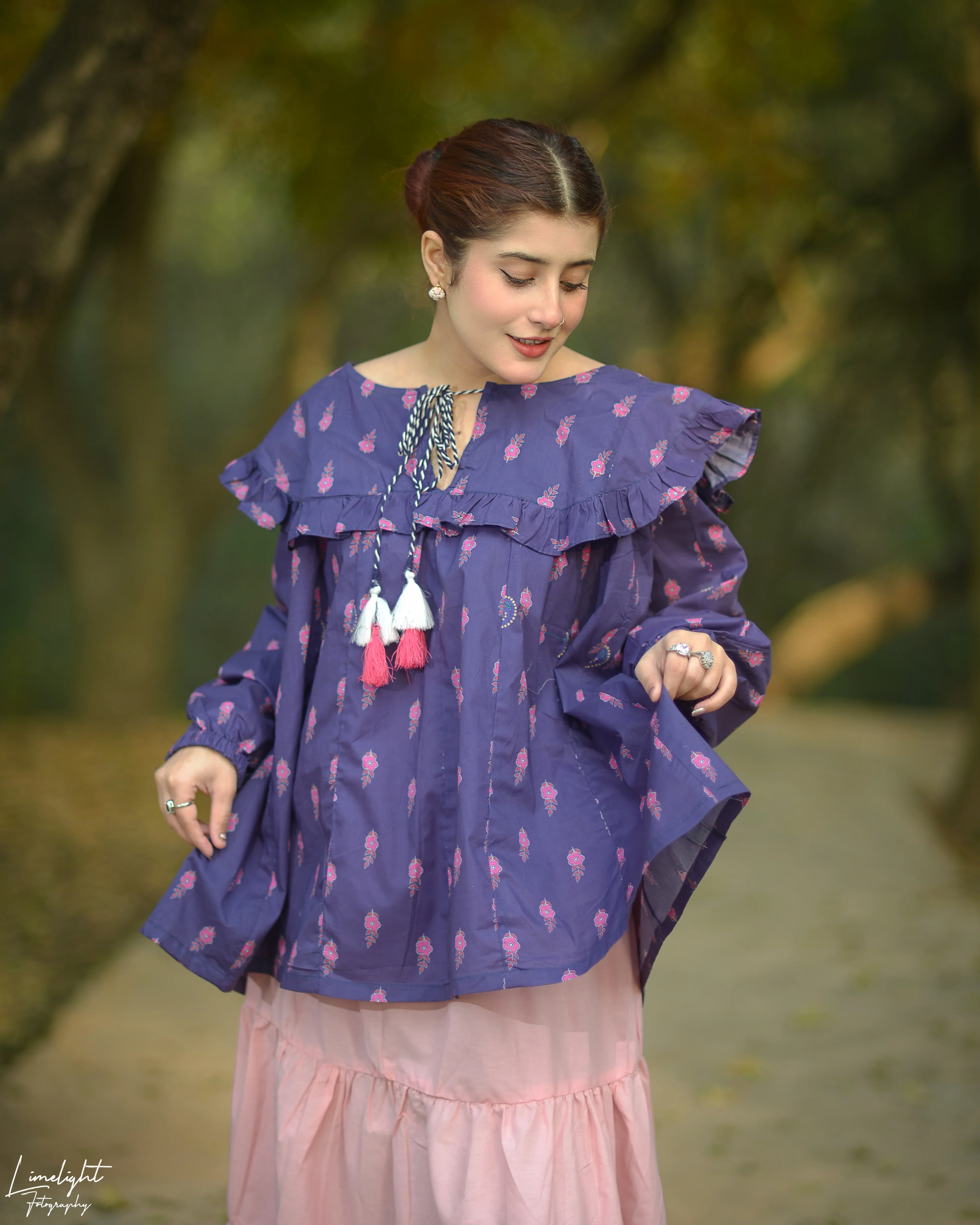 Urban Cut Printed Cotton Ruffle Peplum Top with Tassel Detail - Image 7