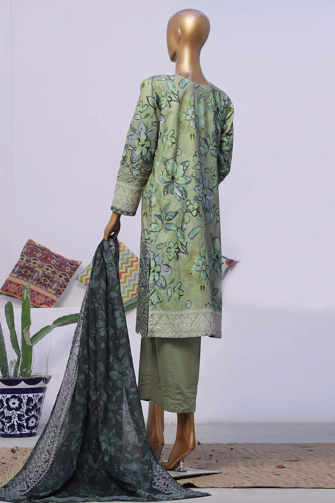 Printkari By HZ Stitched 3 Piece Emb Slub Cambric Suit-CPK-802 - Image 3