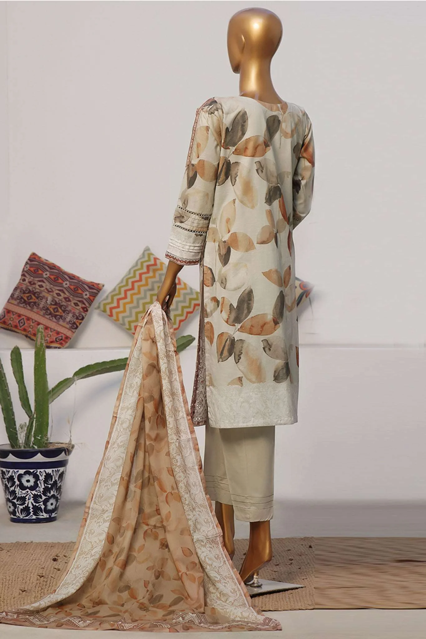 Printkari By HZ Stitched 3 Piece Emb Slub Cambric Suit-CPK-807 - Image 3