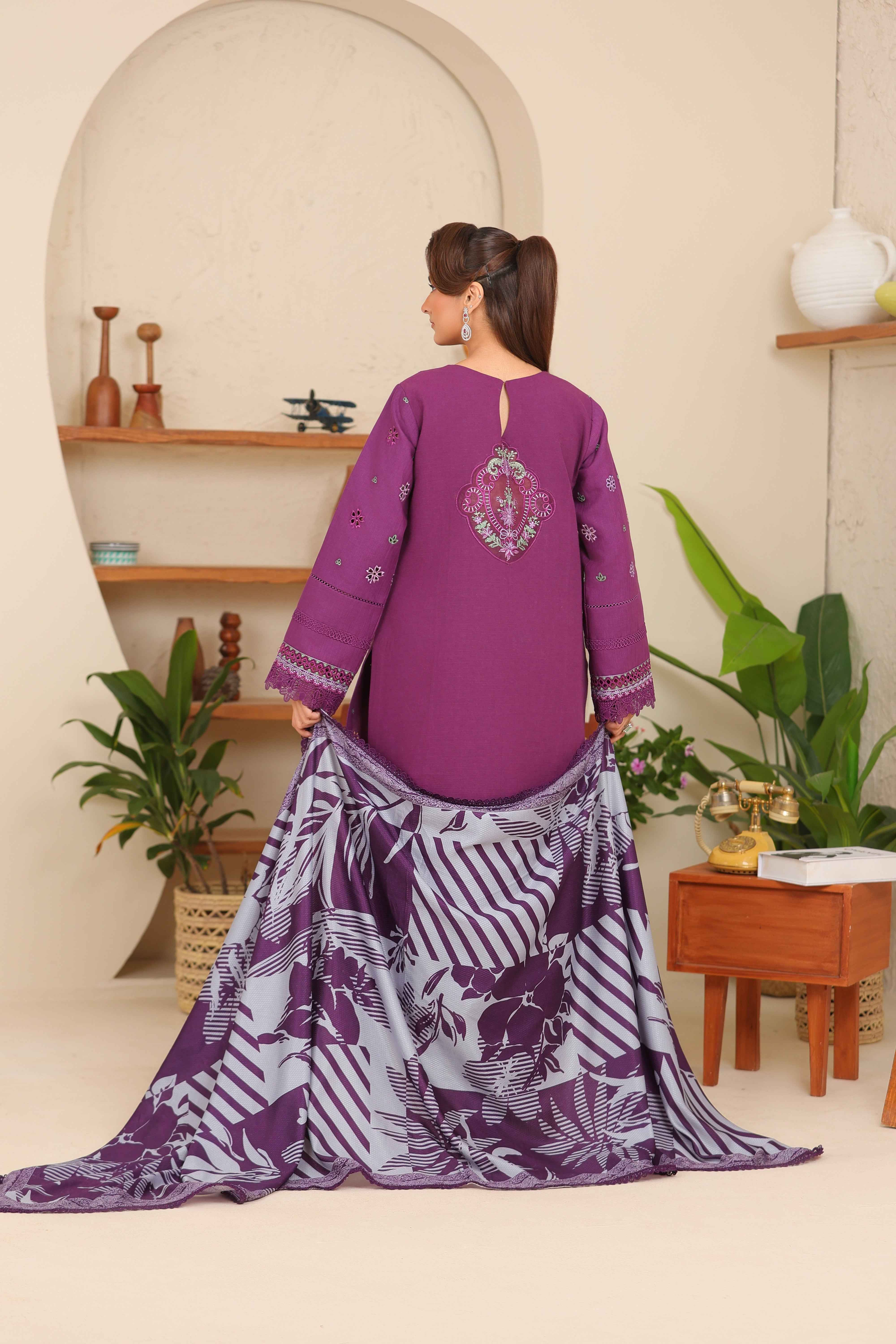 Sahiba By Huma Gul Unstitched 3 Piece Premium Winter Suit-Prune HG-307 - Image 2