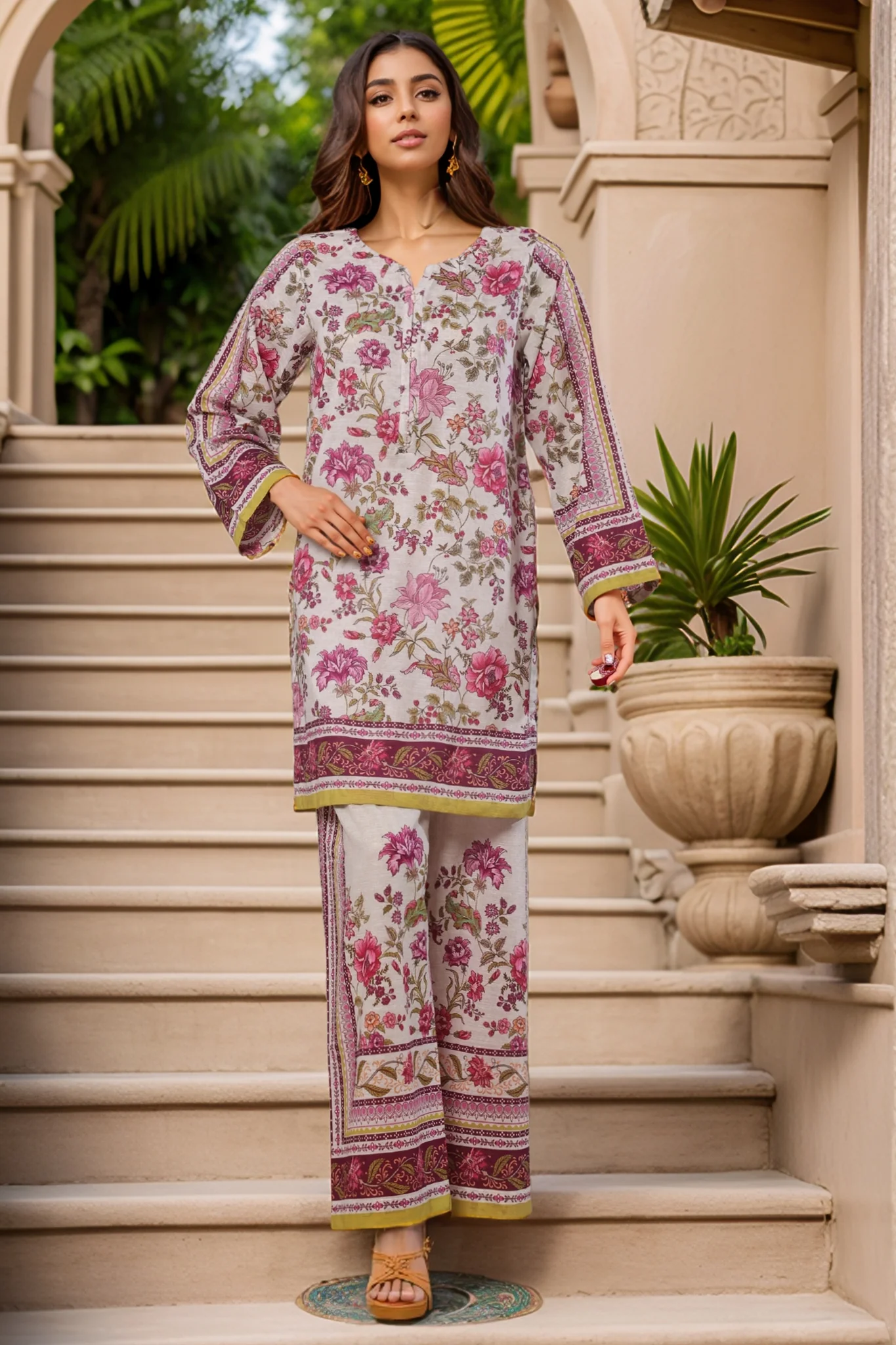 Sada Bahar Stitched Co-Ords Digital Printed Cotton Suit-PS-282-White