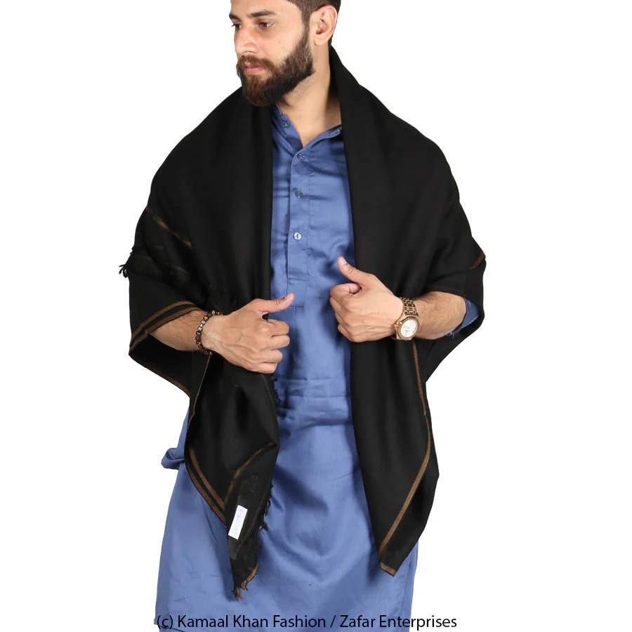 Kamaal Khan Pure Woolen Kashmiri Dhussa Shawl for Men - Multicolor Stripe Elegance - Image 2