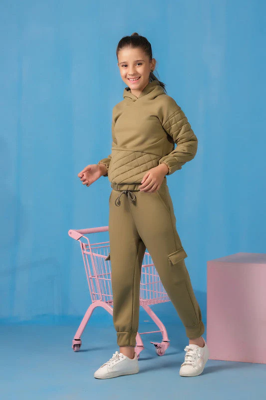 Sprinkles Stitched 2 Piece Winter Co Ord Sets Kids Suit-Quilted Panel Hoodie With Jogger Pants - Mint Green - Image 5