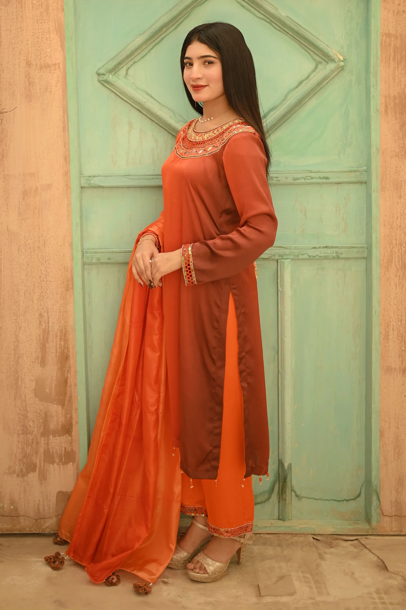 Ramsha Closet Stitched 3 Piece Luxury Formals Suit-10-Noor Orange - Image 3