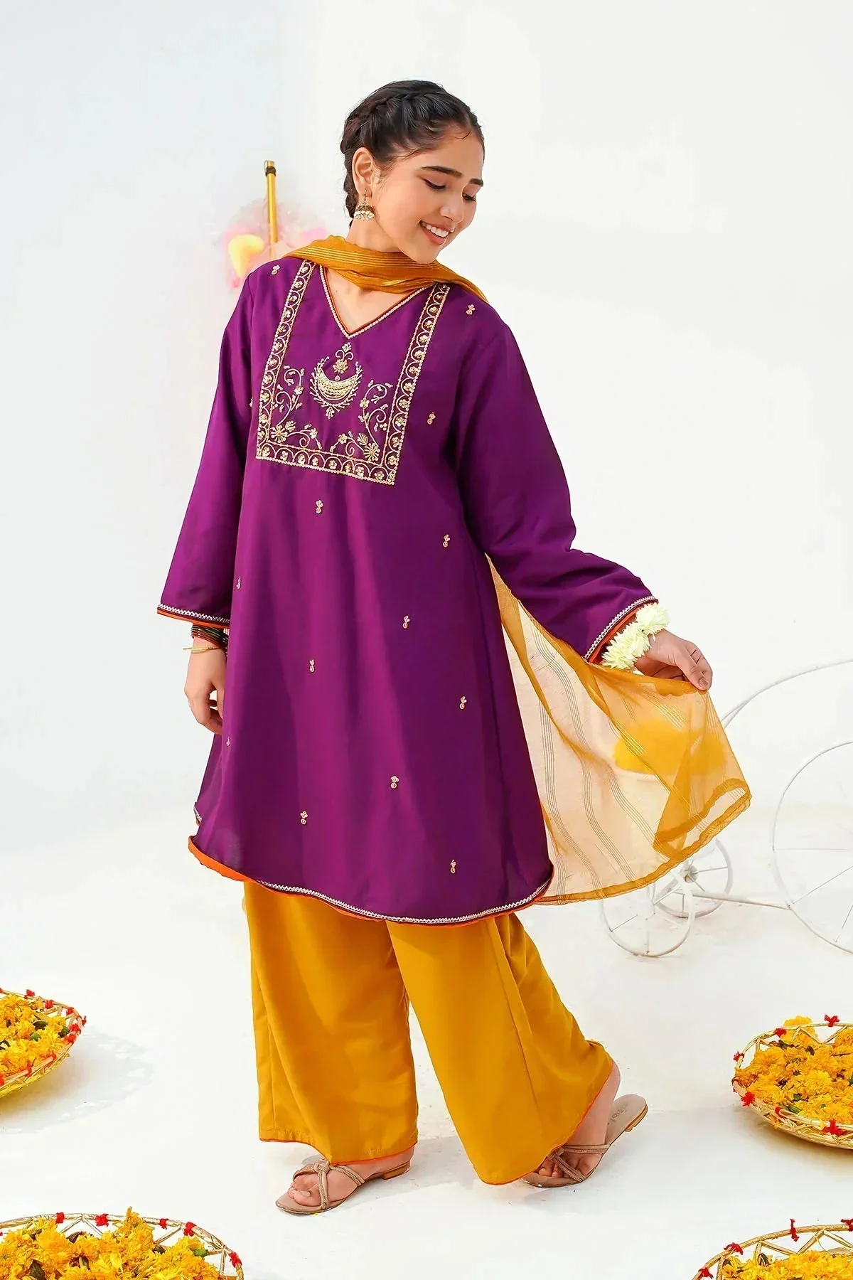 Ochre Clothing Raw Silk Hand Adda Work 3 Pc Suit-MHD-17 - Image 3