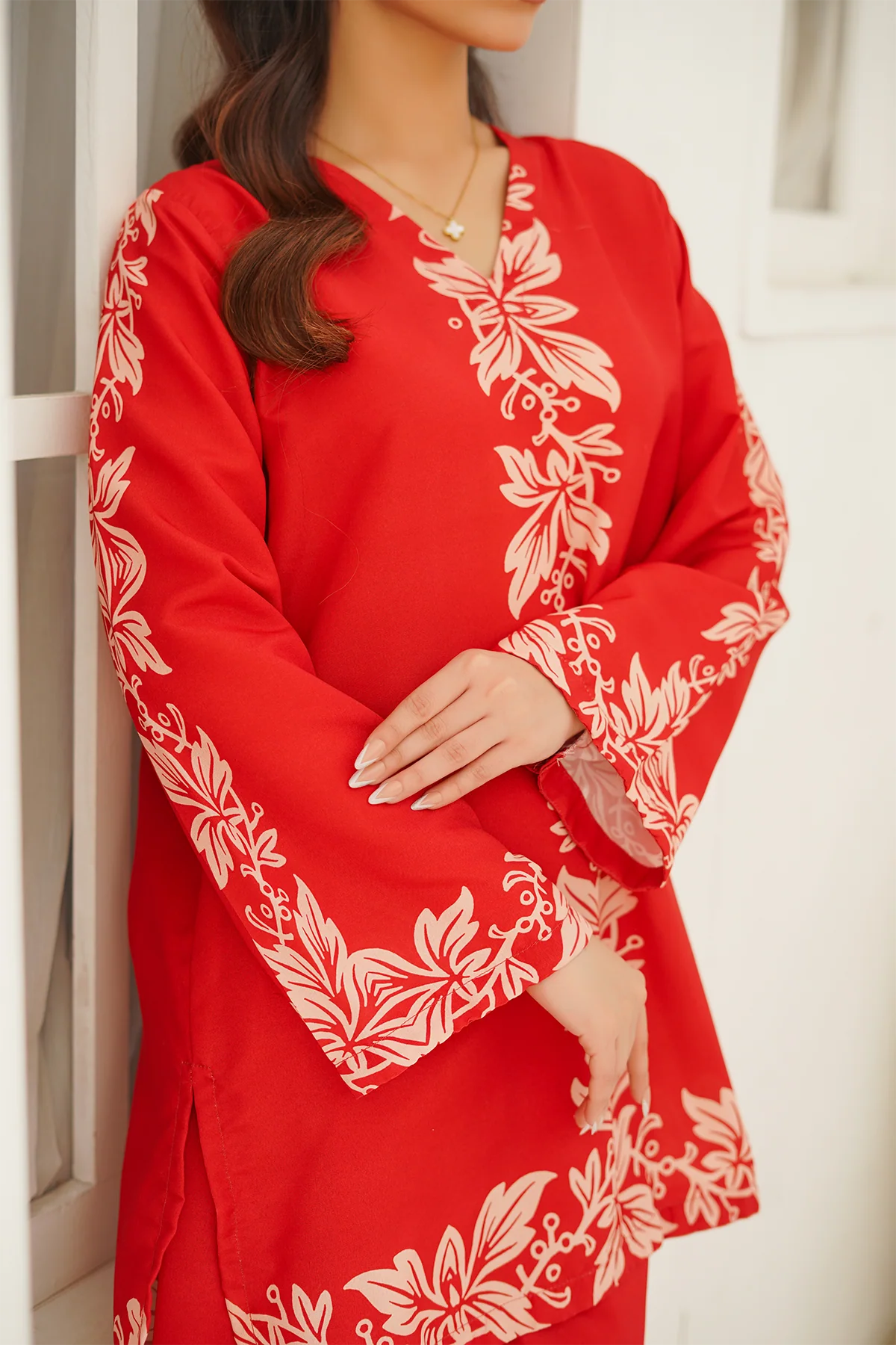 Nairah Stitched Co Ords Summer Suit-Red Coral - Image 4