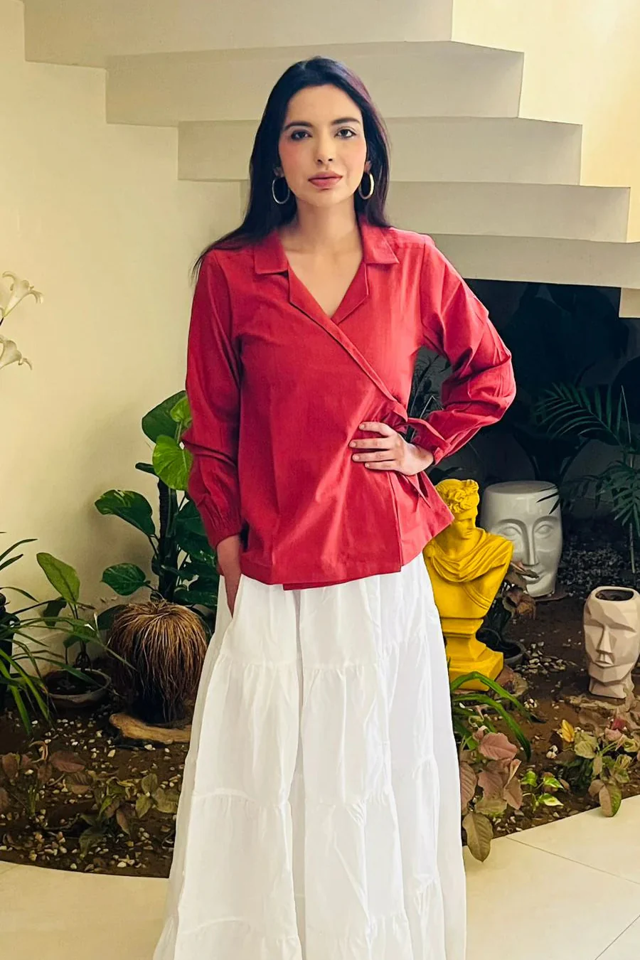 Urban Cut Red Cotton Wrap Shirt | Minimal Chic-C0236 - Image 2