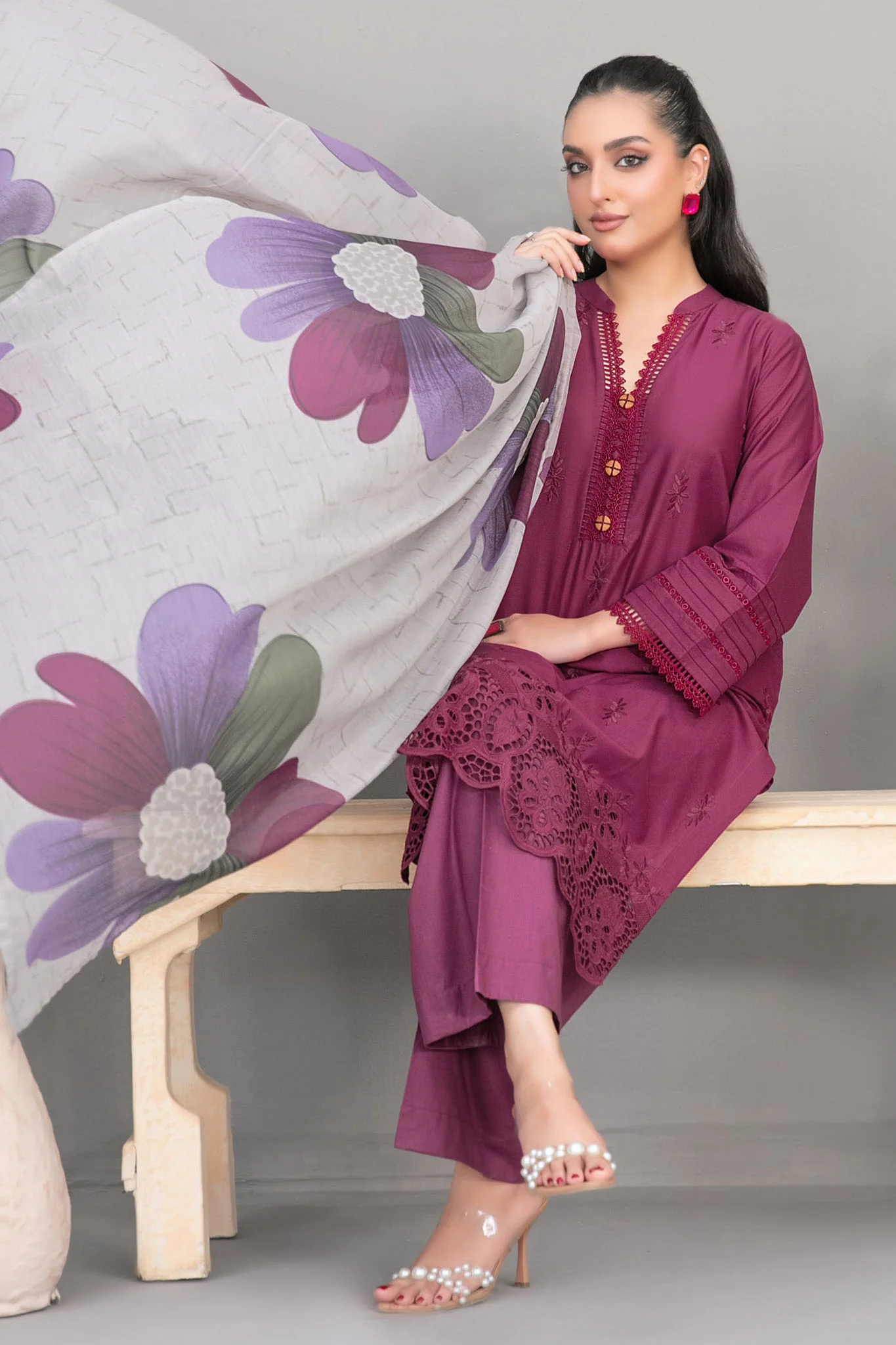 Rinesa By Tawakkal Stitched 3 Piece Emb Schiffli Lawn Suit-D-1902-Magenta - Image 3