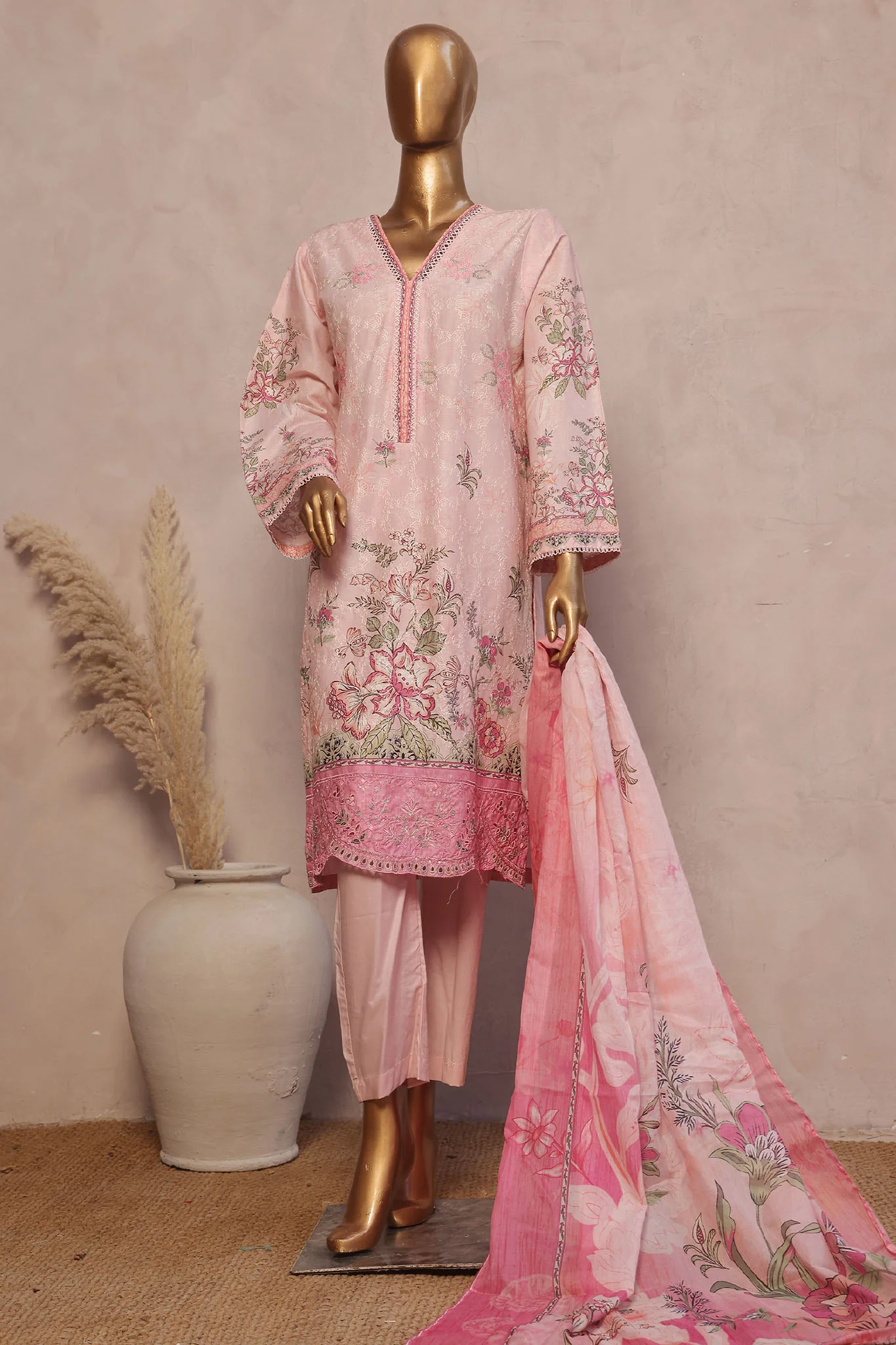 Ronaq E Eid By Bin Saeed Stitched 3 Piece Exc Emb Lawn Suit-SM-1882-Pink