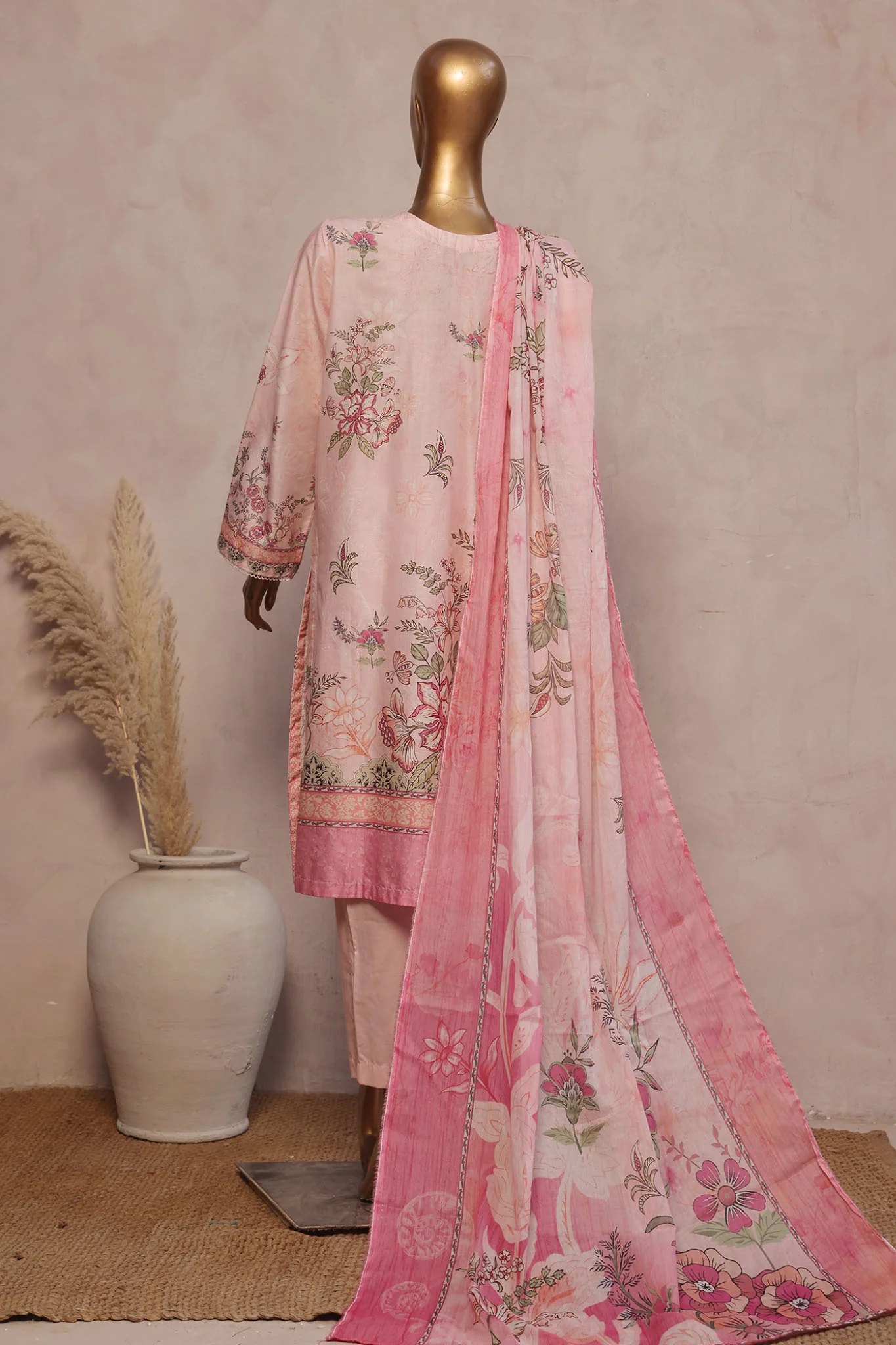 Ronaq E Eid By Bin Saeed Stitched 3 Piece Exc Emb Lawn Suit-SM-1882-Pink - Image 3