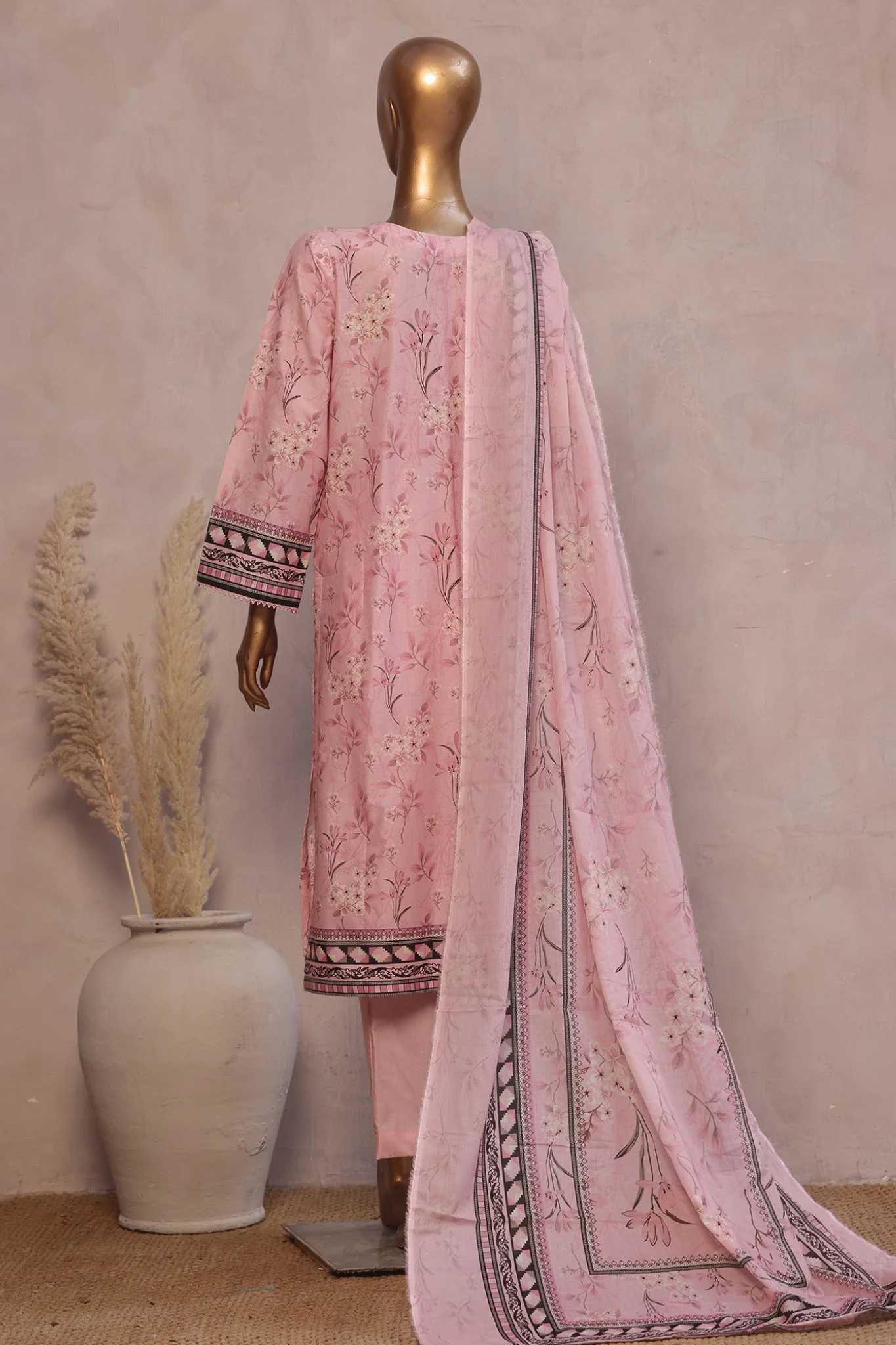 Ronaq E Eid By Bin Saeed Stitched 3 Piece Exc Emb Lawn Suit-SM-1885-Pink - Image 3