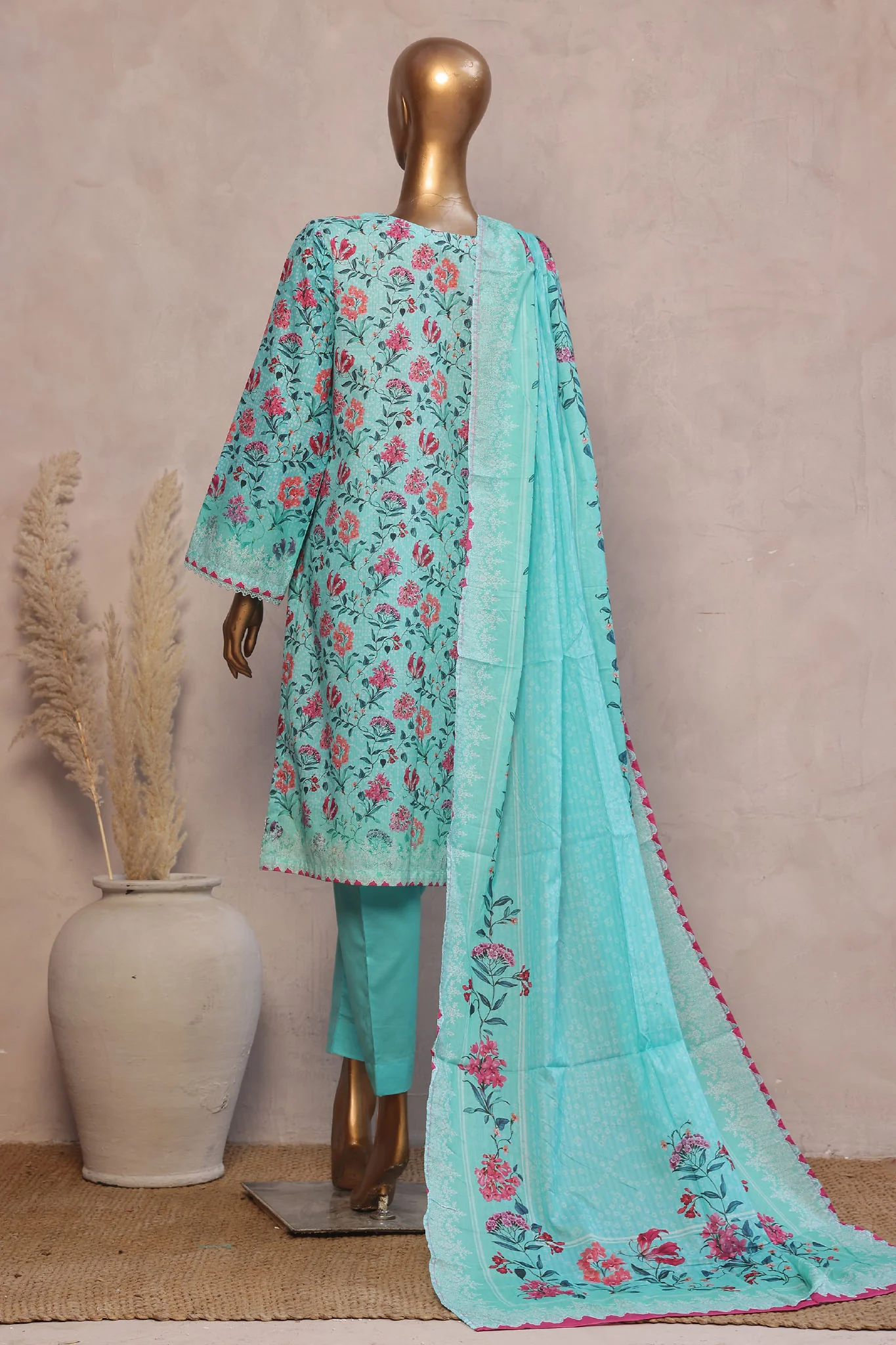 Ronaq E Eid By Bin Saeed Stitched 3 Piece Exc Emb Lawn Suit-WC-1892-Ferozi - Image 3