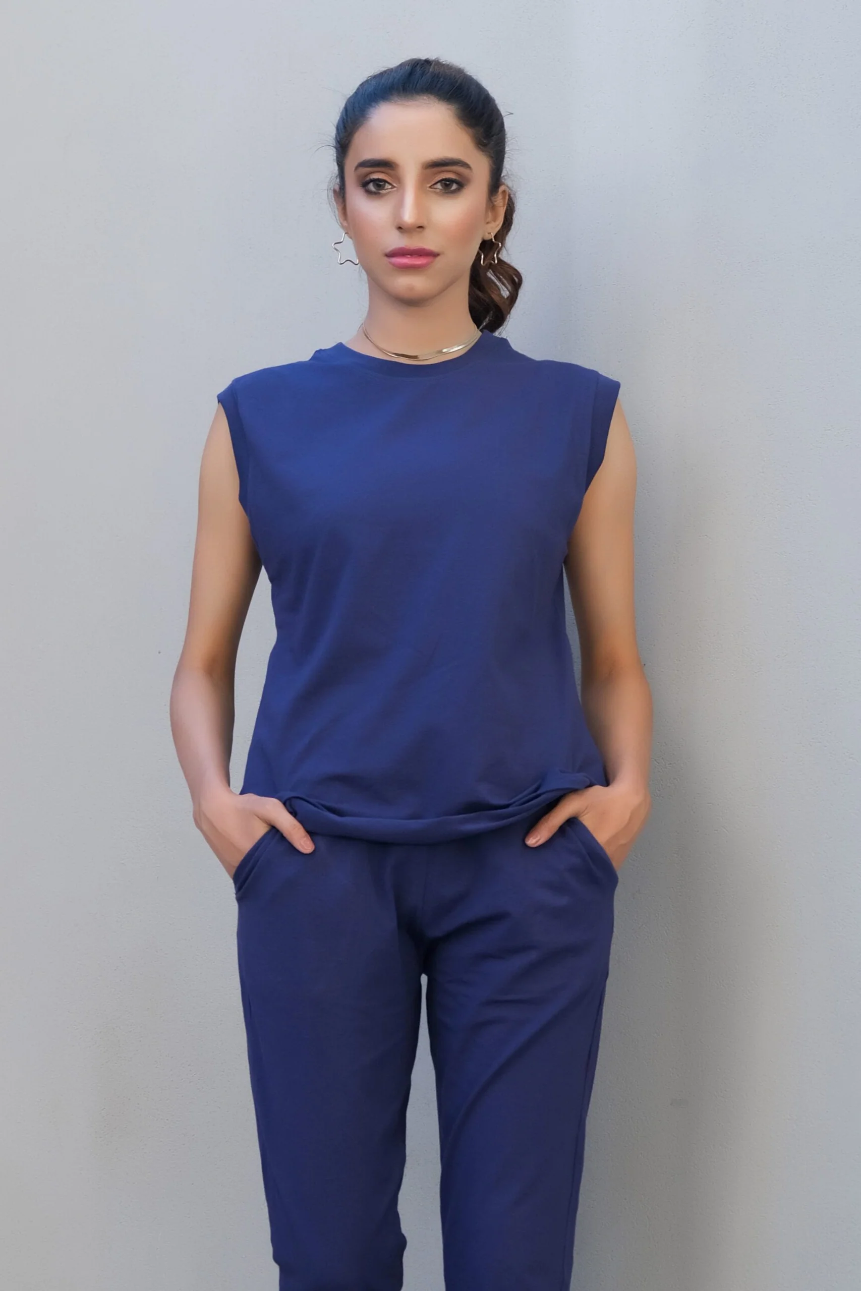 Dhaga Western Co Ords-Royal Blue Co Ords - Sleeveless T-Shirt with Trouser