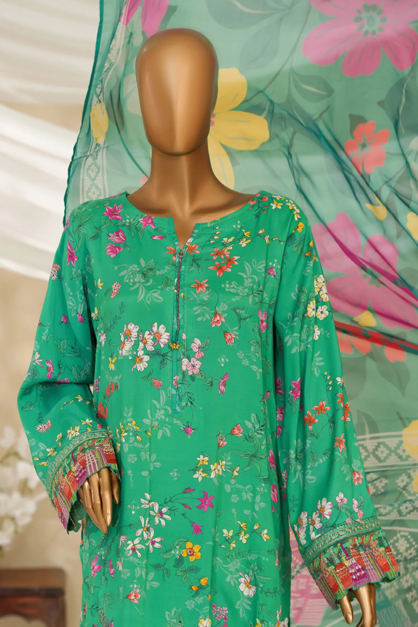 Majestic By HZ Stitched 3 Piece Emb Silk Suit-RRE-109-Parrot Green - Image 2