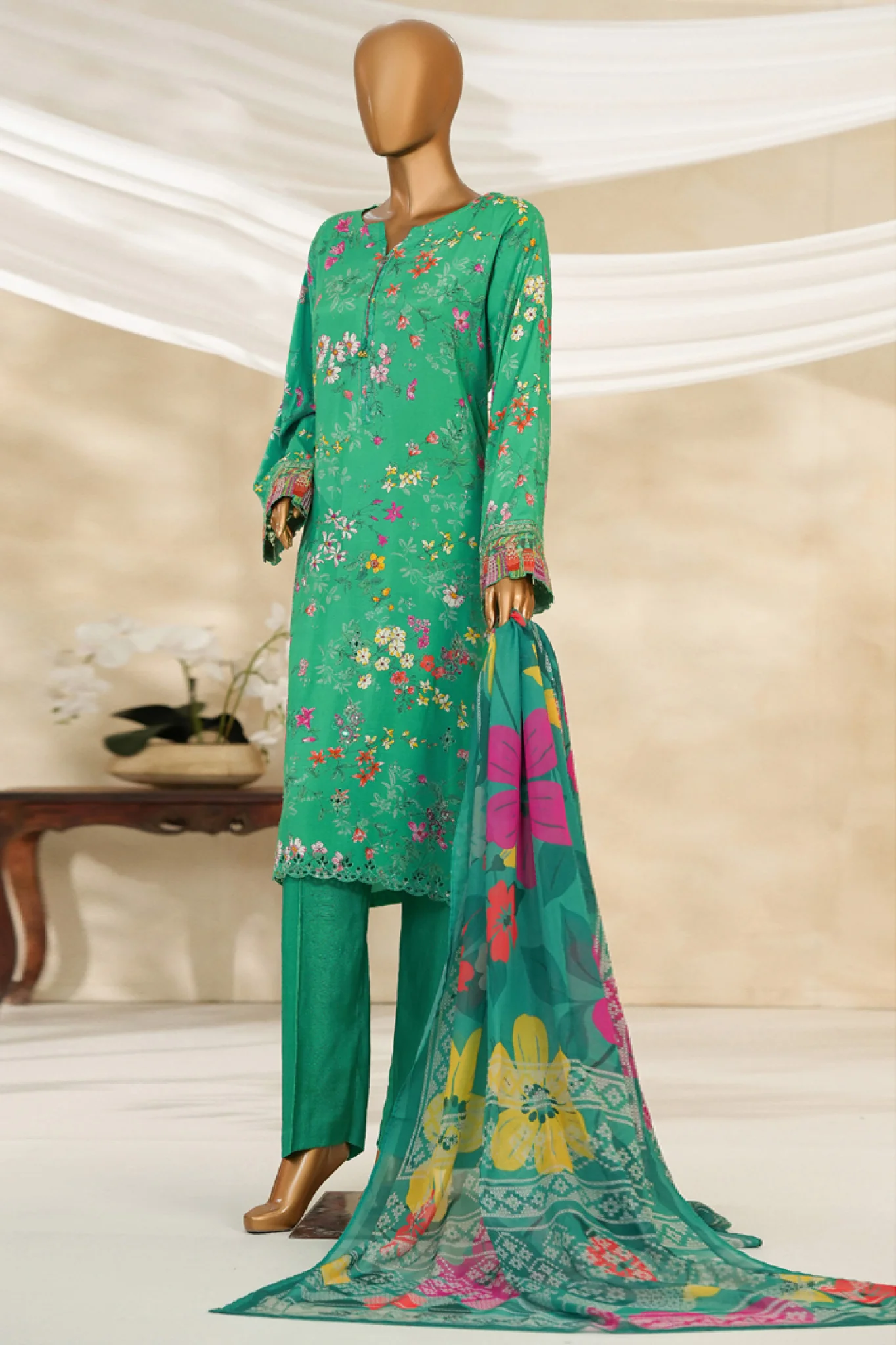 Majestic By HZ Stitched 3 Piece Emb Silk Suit-RRE-109-Parrot Green - Image 4