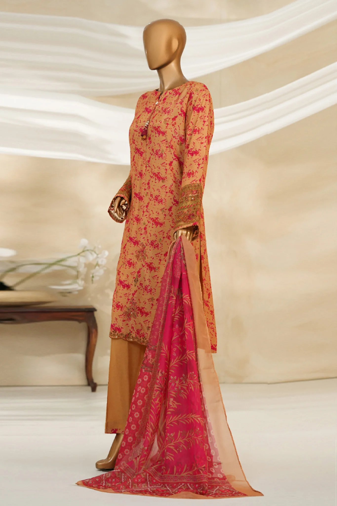 Majestic By HZ Stitched 3 Piece Emb Silk Suit-RRE-110-Peach - Image 4