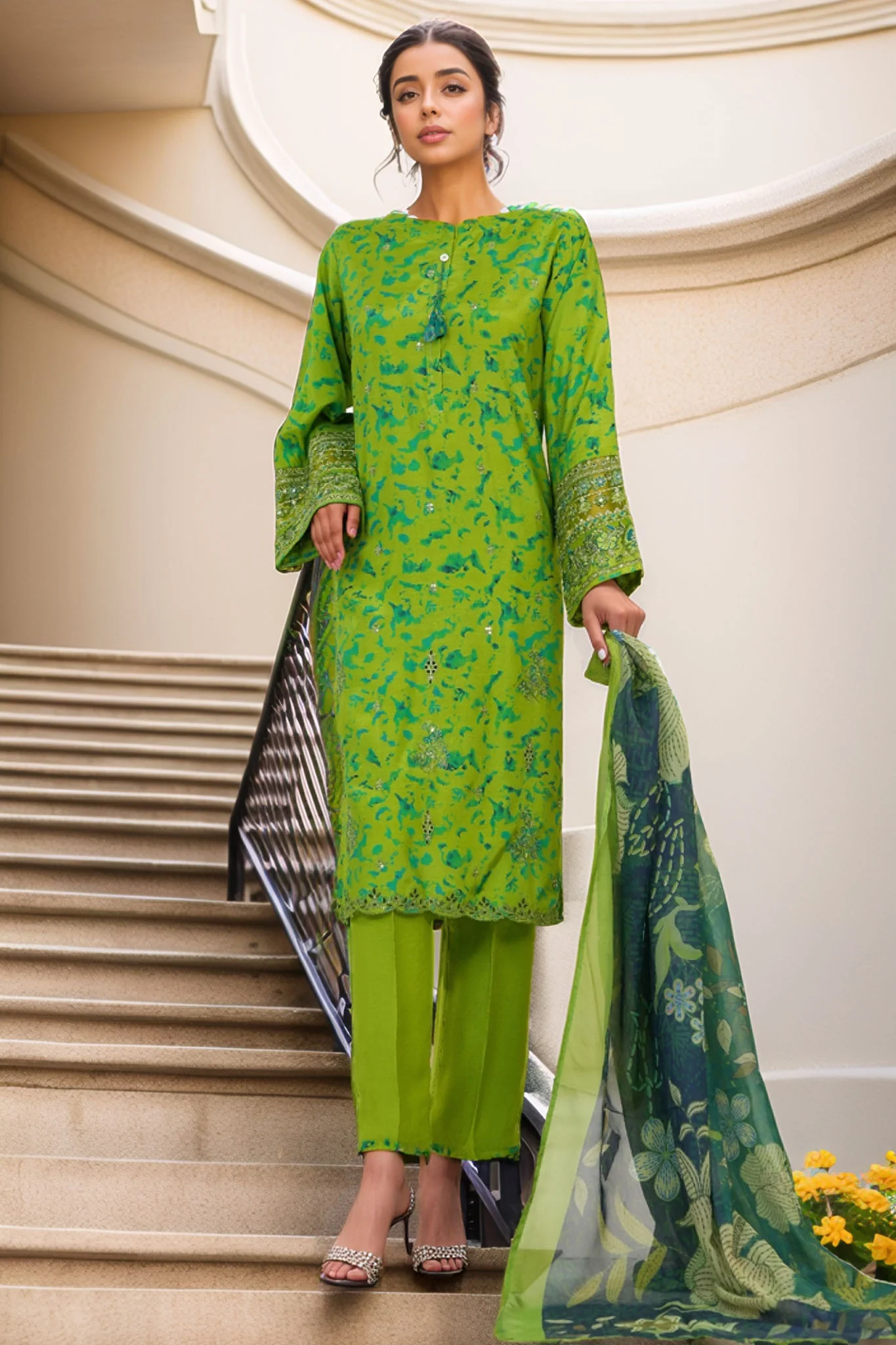 Majestic By HZ Stitched 3 Piece Emb Silk Suit-RRE-111-Green