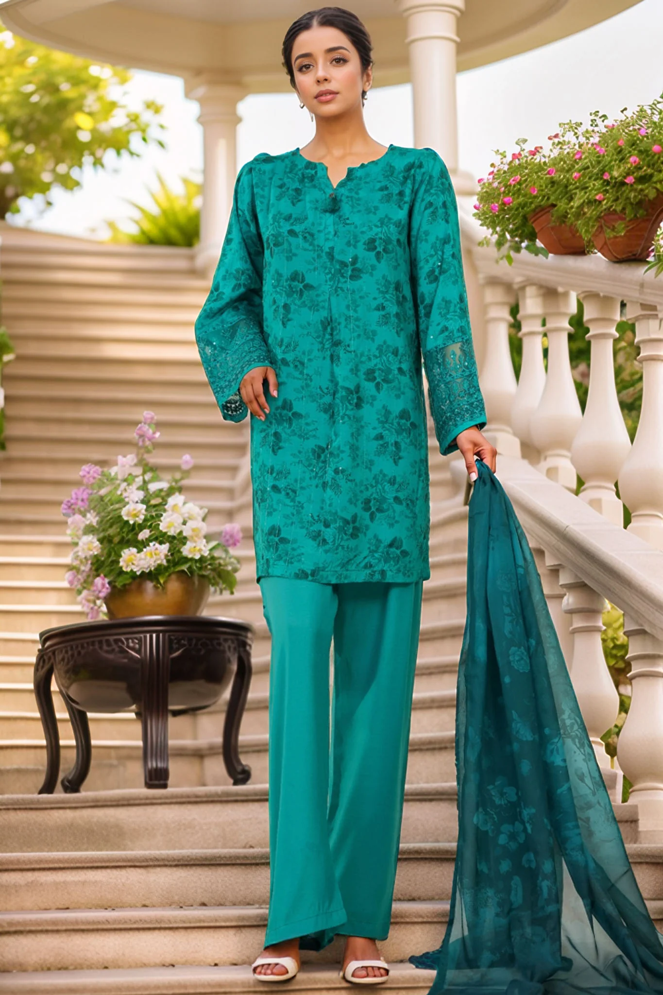 Majestic By HZ Stitched 3 Piece Emb Silk Suit-RRE-114-Sea Green