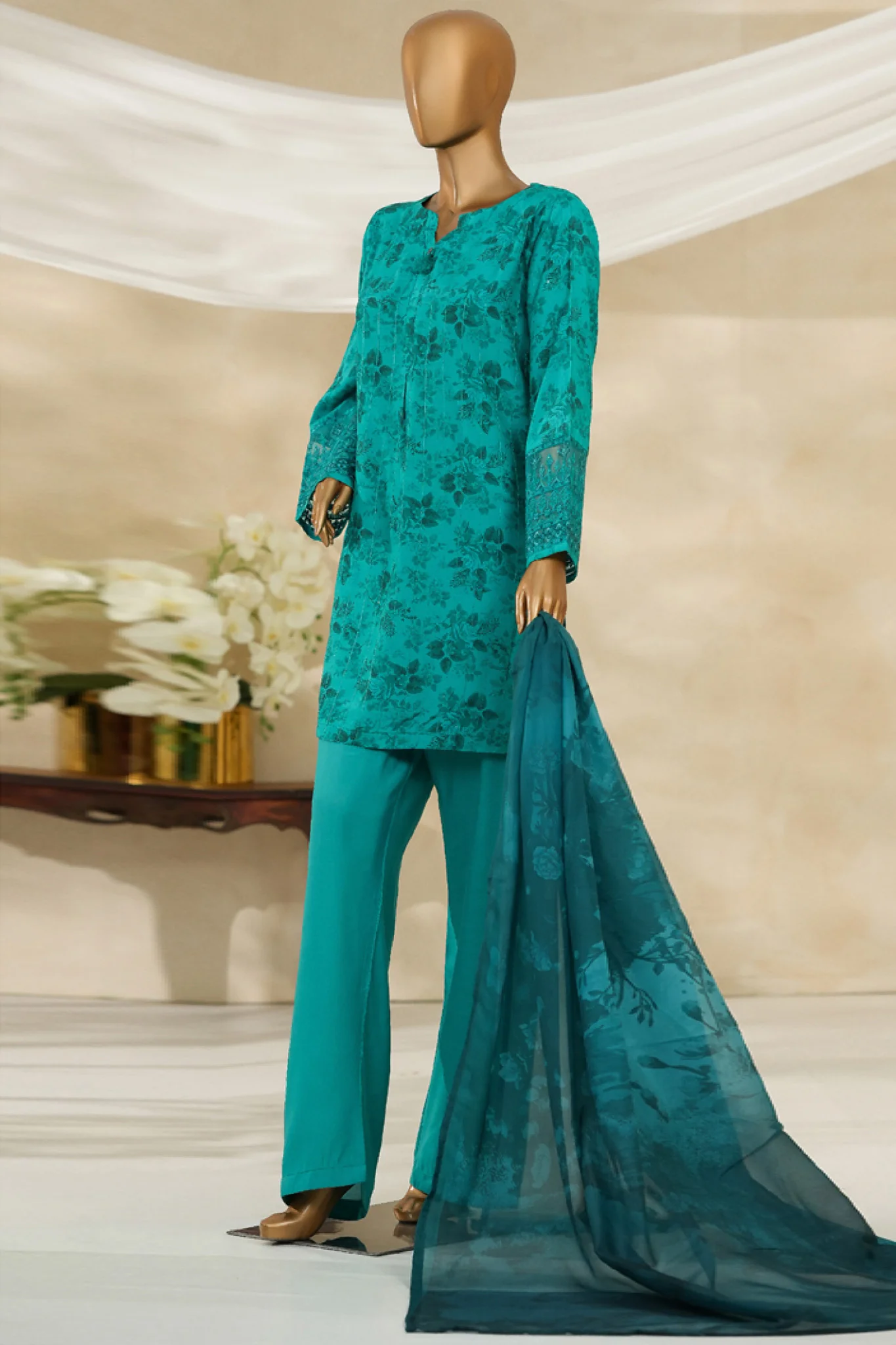 Majestic By HZ Stitched 3 Piece Emb Silk Suit-RRE-114-Sea Green - Image 4