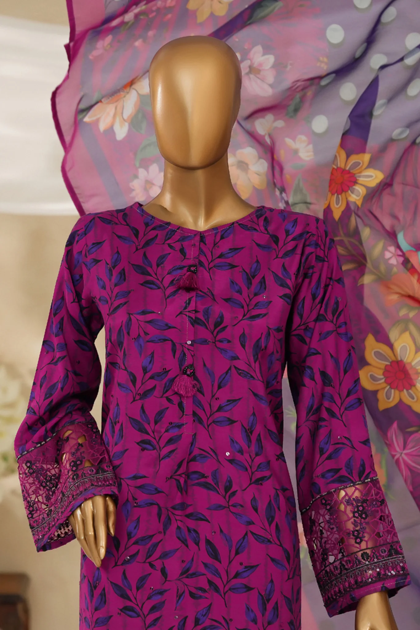 Majestic By HZ Stitched 3 Piece Emb Silk Suit-RRE-115-Magenta - Image 2