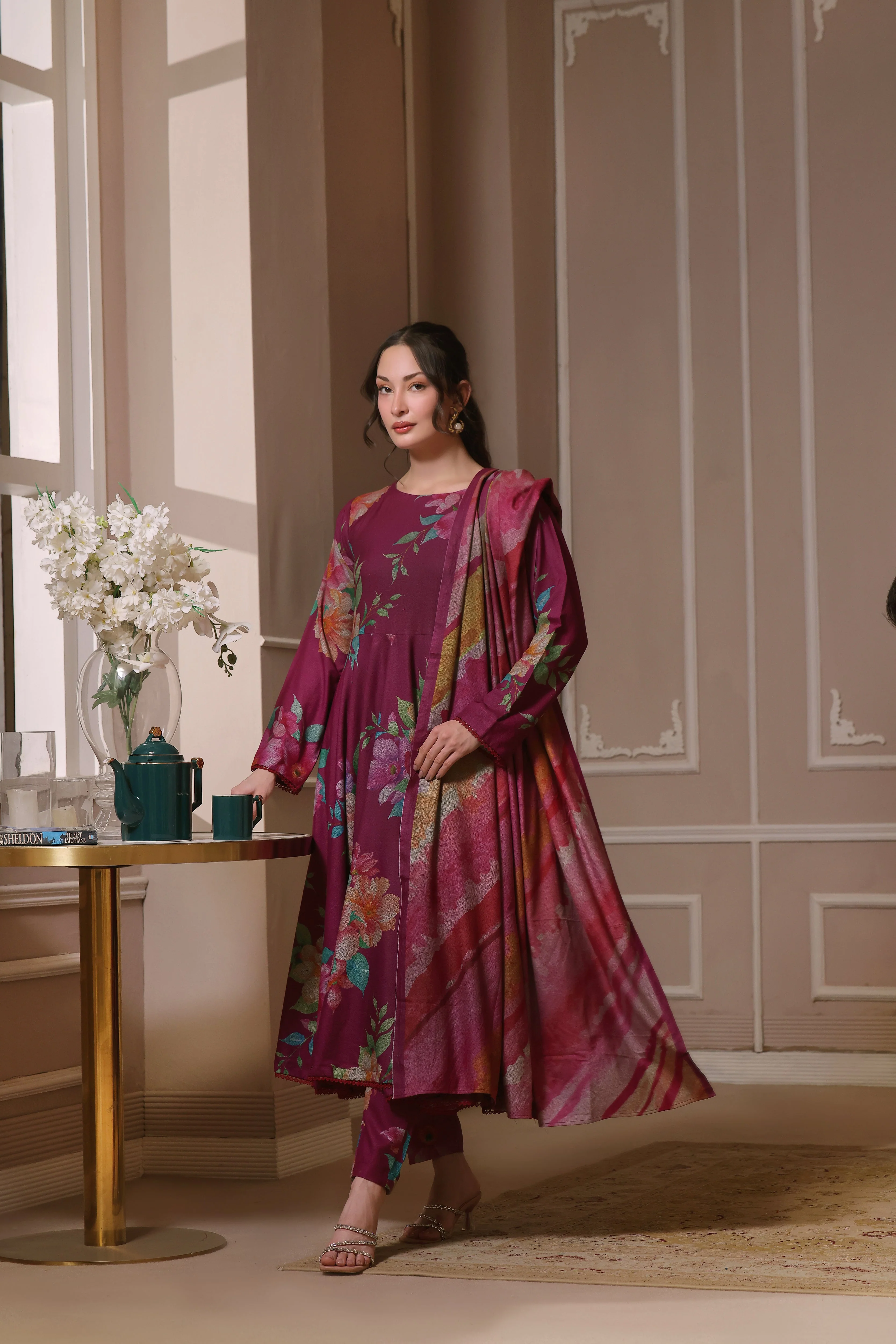 Feathers Unstitched 3 Piece Winter Collection-RUBY ROUGE-FT443 - Image 5