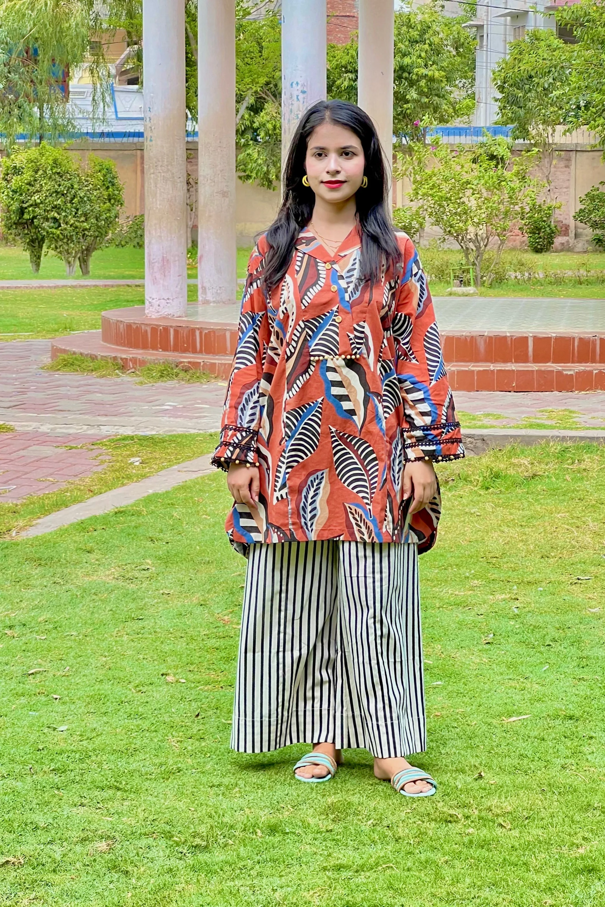 Urban Cut Rust Abstract Cotton 2-Piece Set ? Shirt & Striped Trousers - Image 2