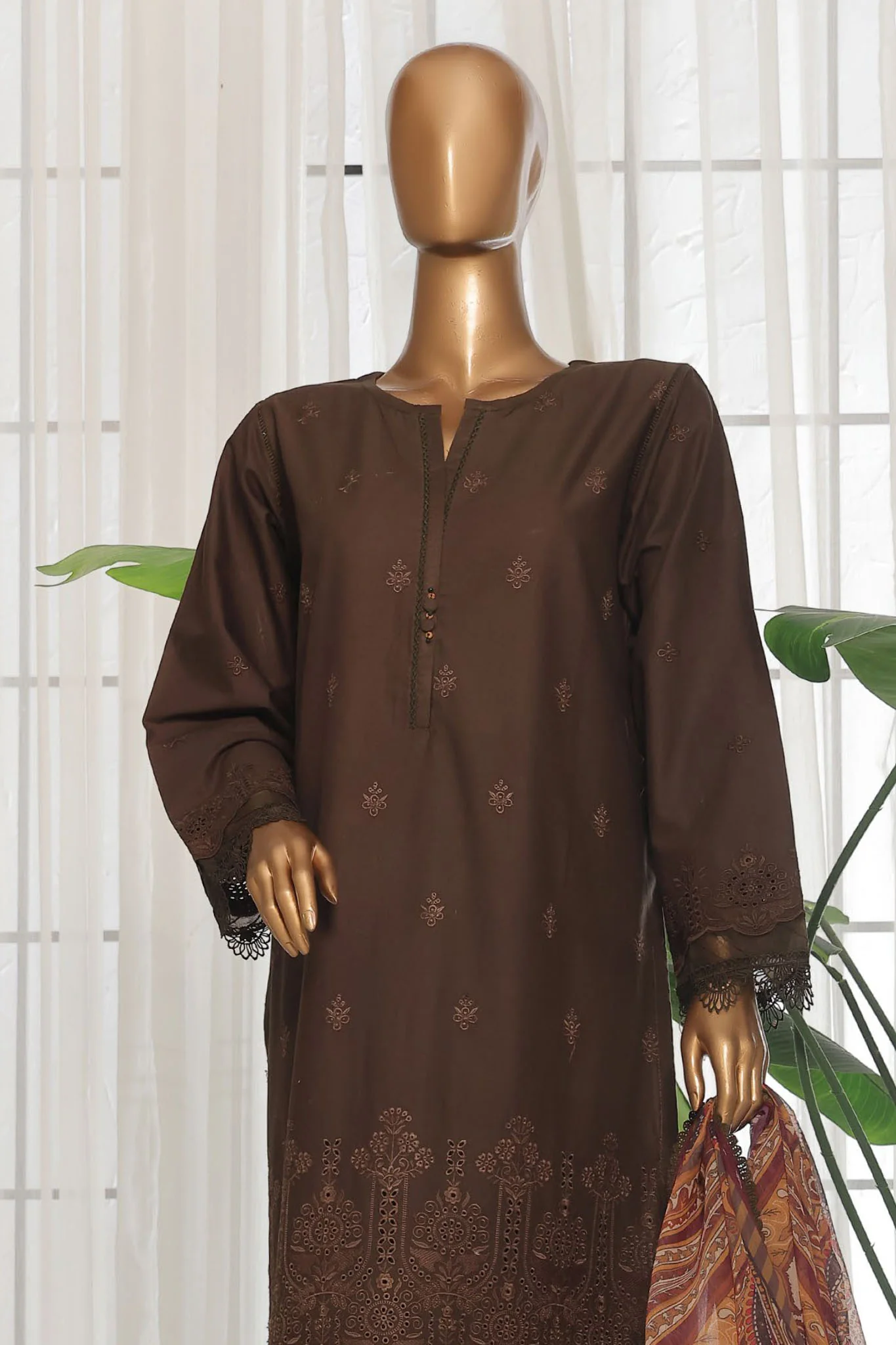 Sada Bahar Stitched 3 Piece Chikankari Lawn Suit-CK-04-Olive - Image 2