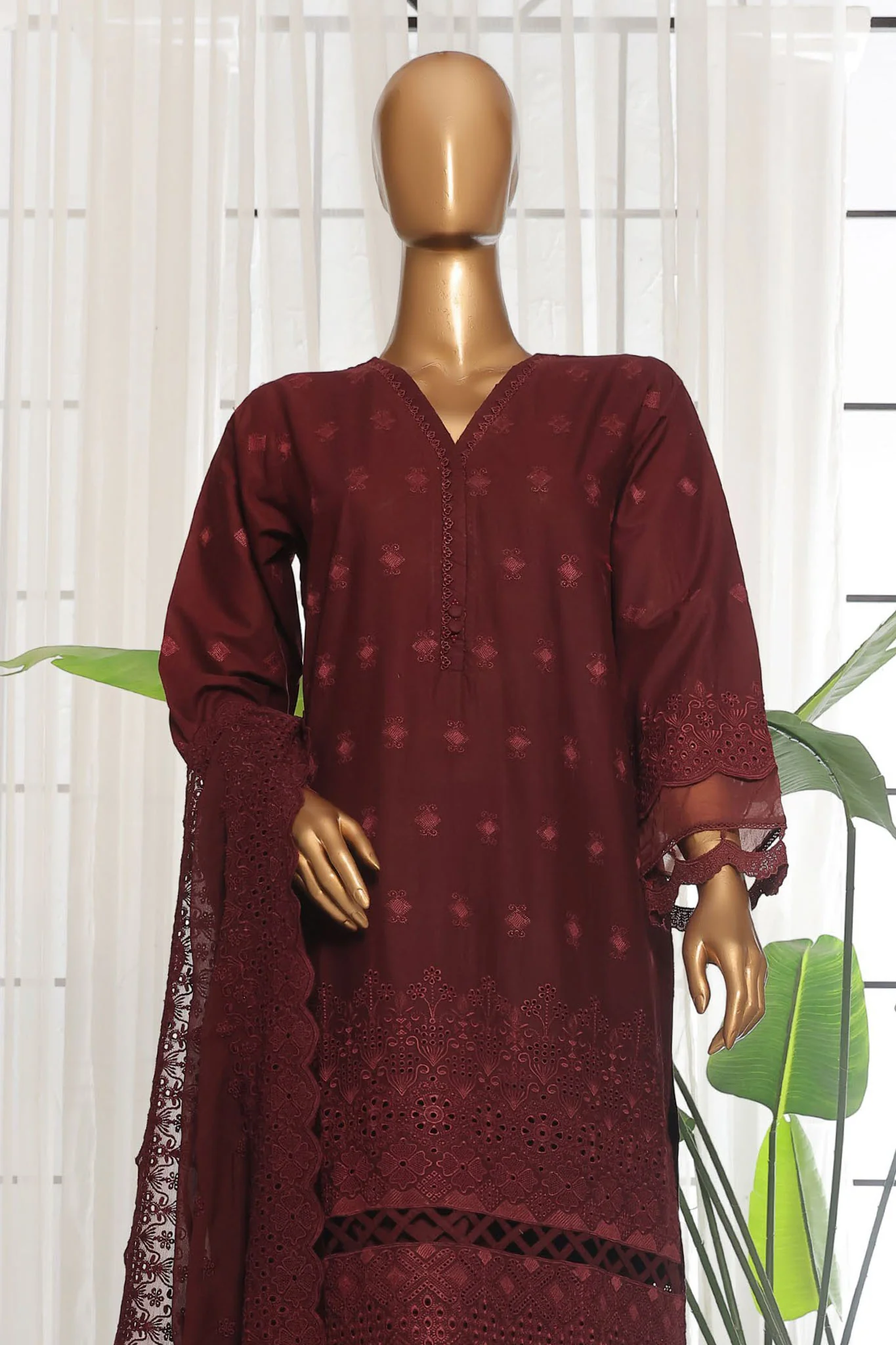 Sada Bahar Stitched 3 Piece Chikankari Lawn Suit-CK-01-Maroon - Image 2