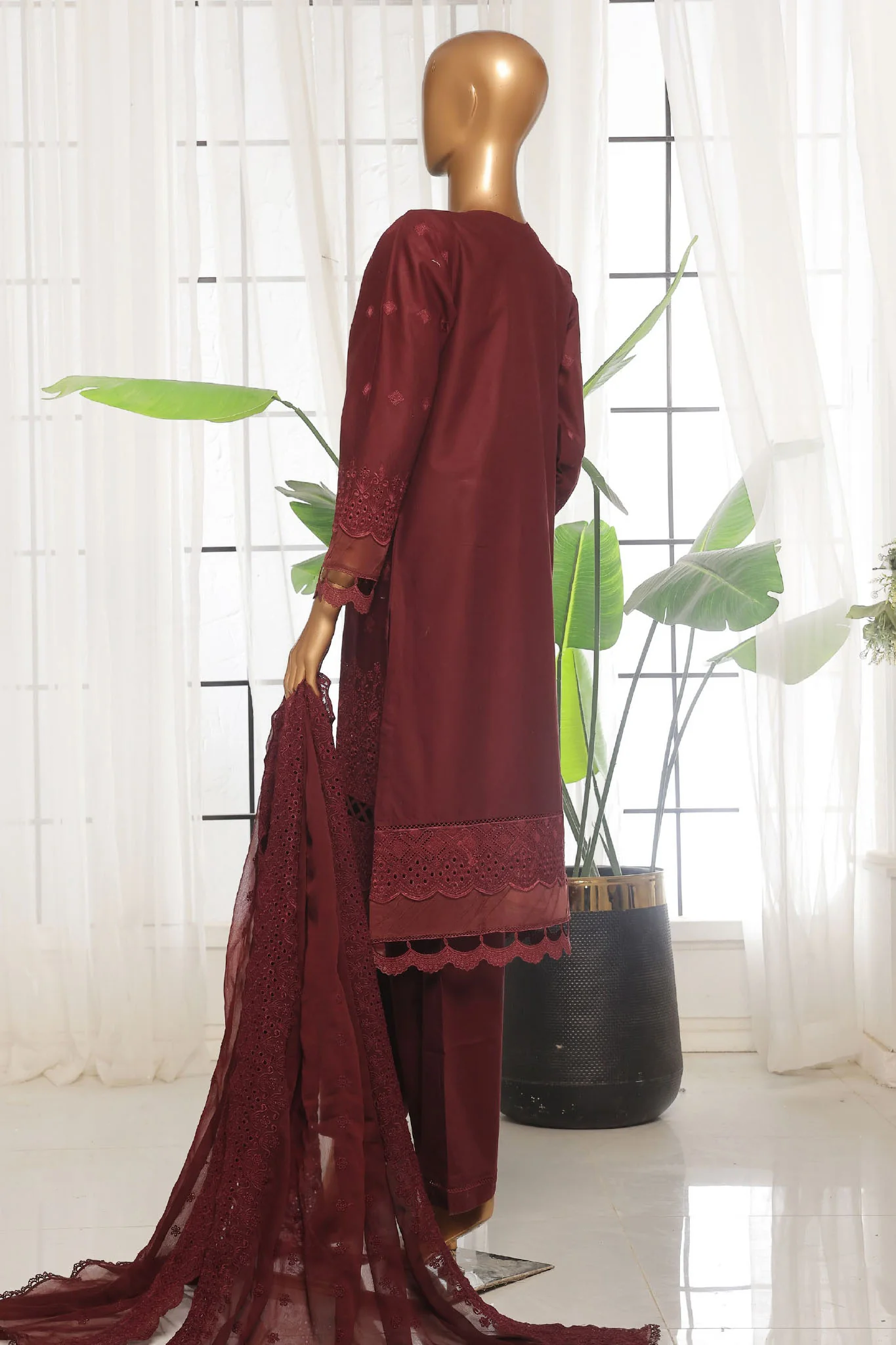 Sada Bahar Stitched 3 Piece Chikankari Lawn Suit-CK-01-Maroon - Image 3