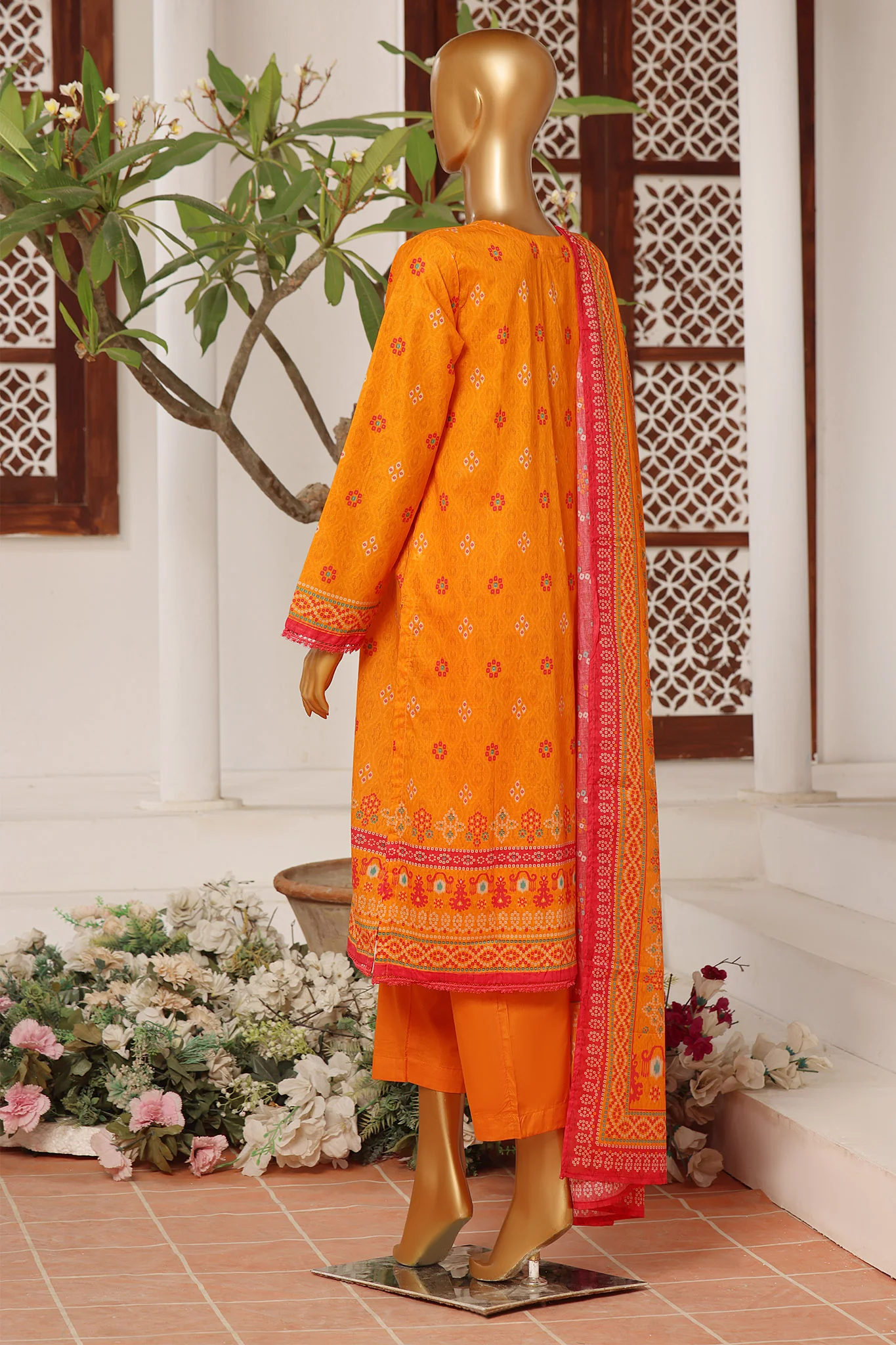 Sada Bahar Stitched 3 Piece Emb Summer Lawn Suit-D-11455-Orange - Image 2