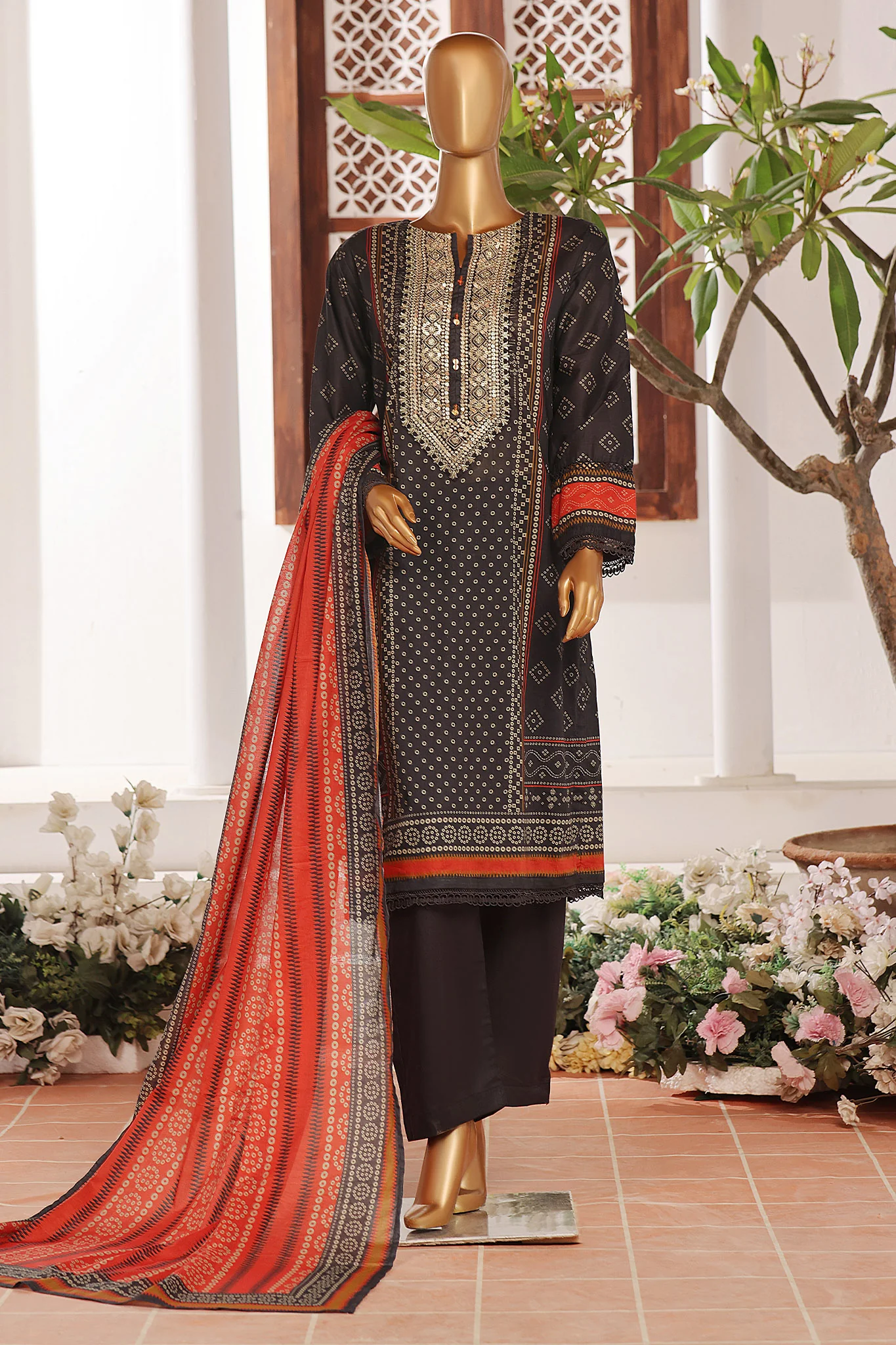 Sada Bahar Stitched 3 Piece Emb Summer Lawn Suit-D-11491-Black