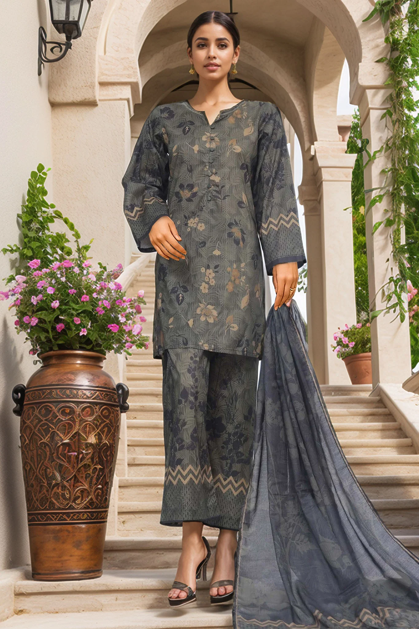 Sada Bahar Stitched 3 Piece Mid Summer Co Ords Suit-D-5684-Green