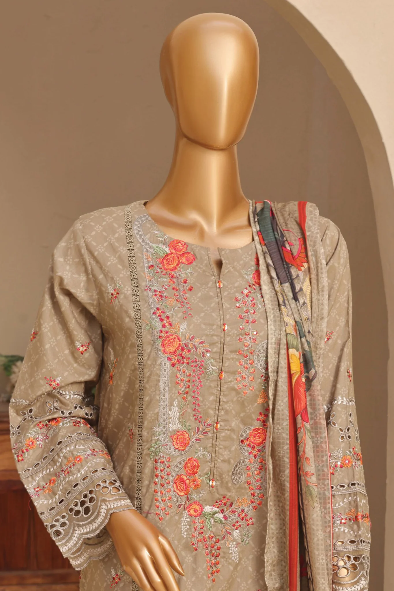 Sada Bahar Stitched 3 Piece Premium Emb & Printed Lawn Suit-D-1079-Beige - Image 2