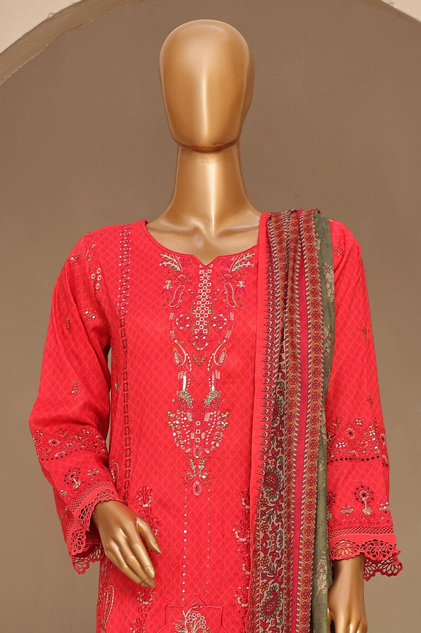 Sada Bahar Stitched 3 Piece Premium Emb & Printed Lawn Suit-D-646-Red - Image 2