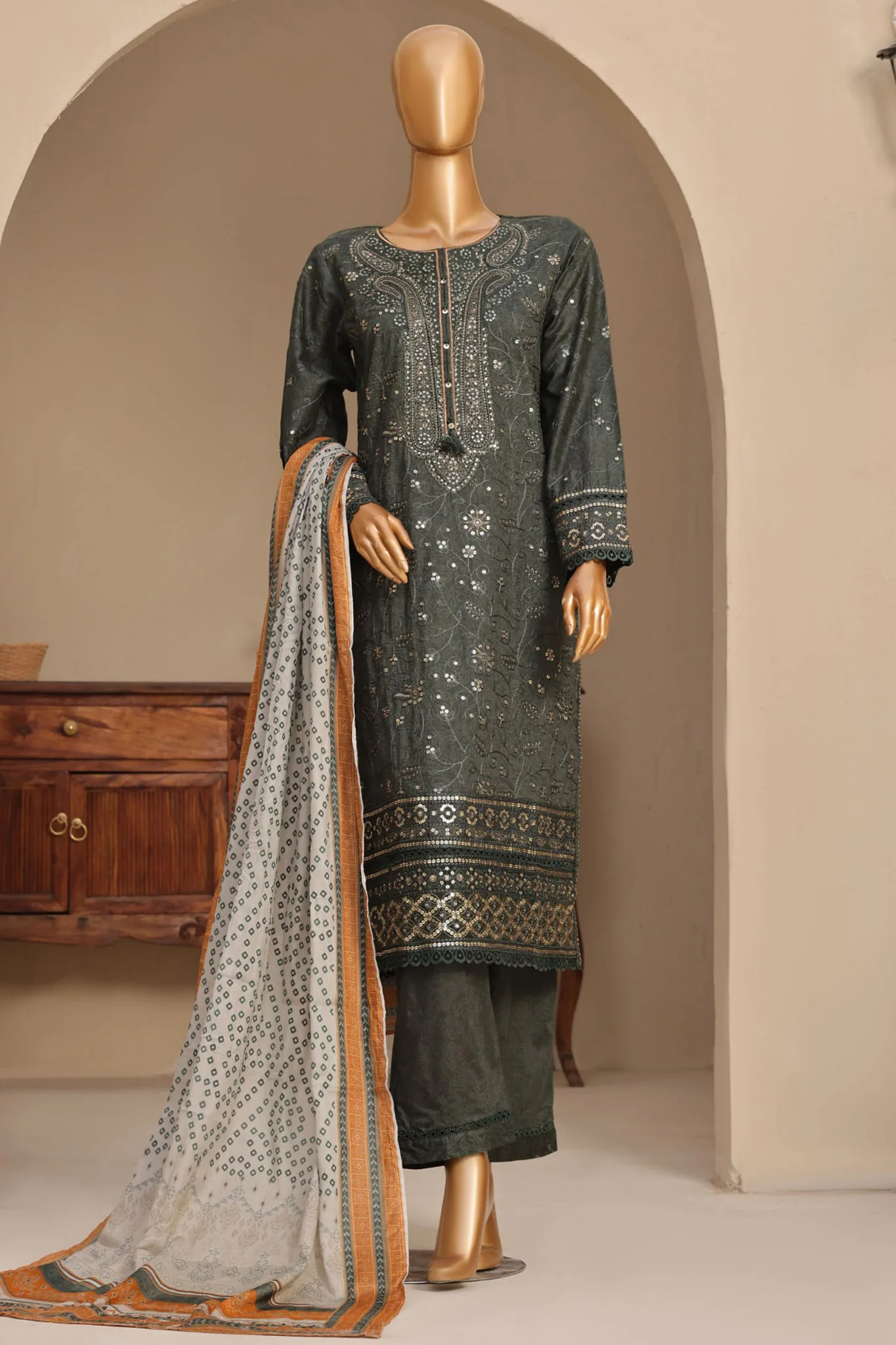 Sada Bahar Stitched 3 Piece Premium Emb & Printed Lawn Suit-D-653-Mehndi